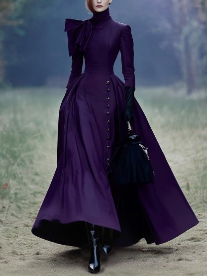 Maxi Cotton Dress, Half Sleeve, Turtleneck, Plain, Button Design, Vintage, Deep Purple, Halloween - Deep Purple