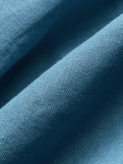Maxi Linen Dress, Long Sleeve, Stand Collar, Button Down, Cottagecore, Linen Blend, Blue - Blue