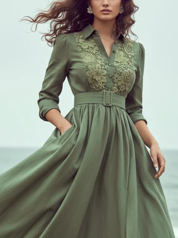 Maxi Linen Dress, Long Sleeves, Shawl Collar, Plain, Lace, Vacation, Vintage, Green - Green
