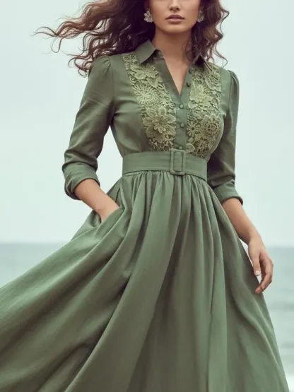 Maxi Linen Dress, Long Sleeves, Shawl Collar, Plain, Lace, Vacation, Vintage, Green - Green
