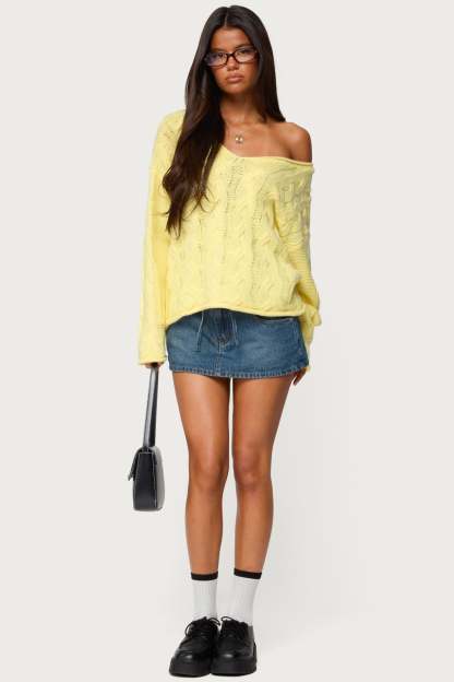 Inga Oversized Cable Knit Sweater - YELLOW