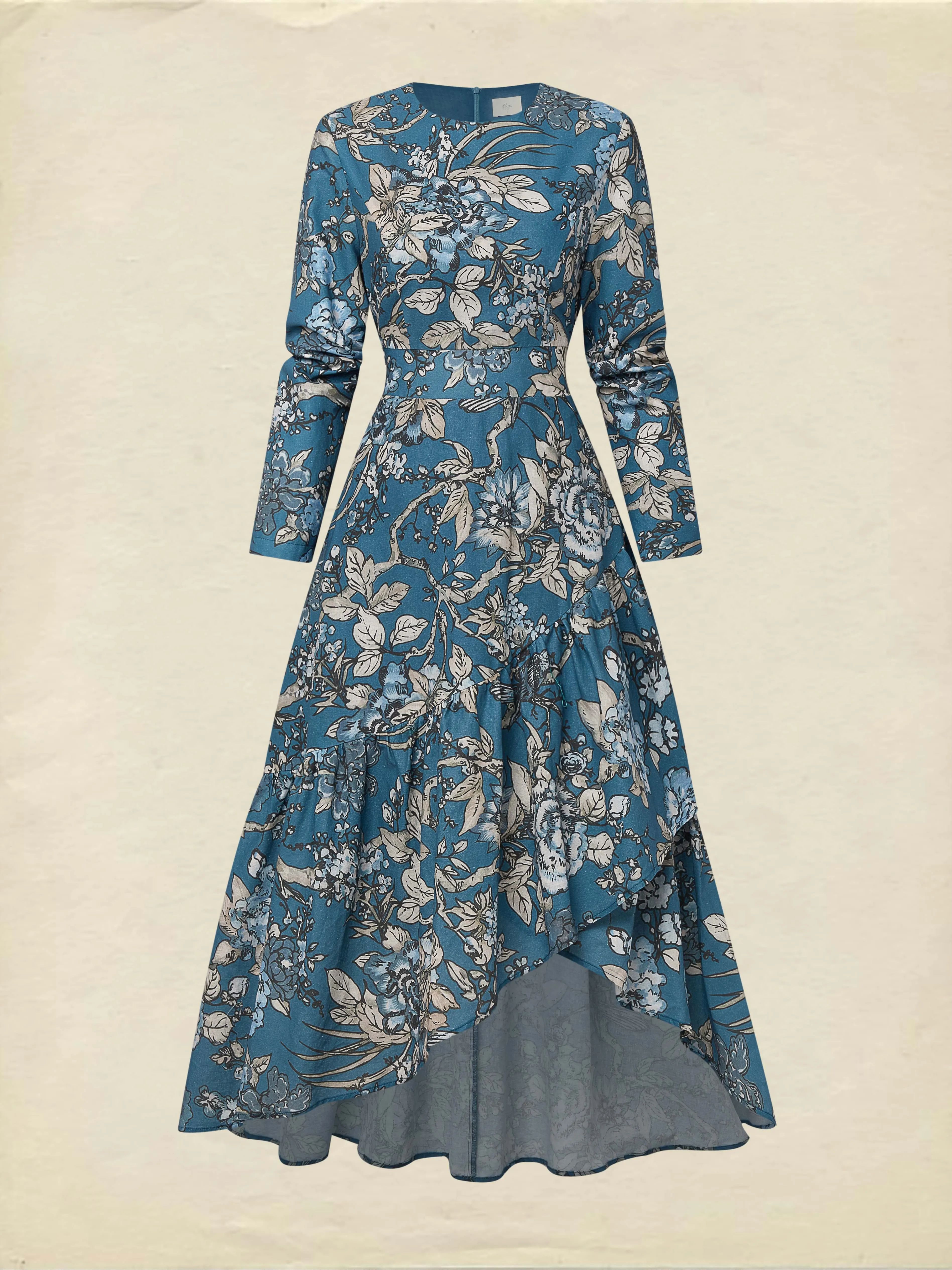 Maxi Linen Dress, Long Sleeves, Round Neck, Floral, Ruffles, Vintage, Deep Blue - Deep Blue