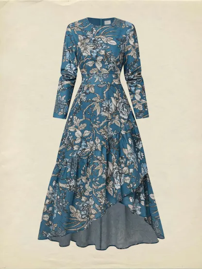 Maxi Linen Dress, Long Sleeves, Round Neck, Floral, Ruffles, Vintage, Deep Blue - Deep Blue