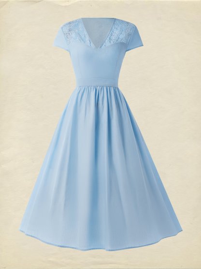 Midi Linen Dress, Short Sleeves, V Neck, Plain, Lace, French Vintage, Blue - Blue