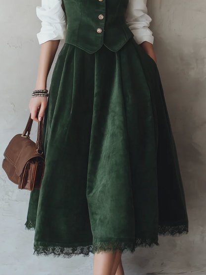 Midi Cotton Skirt (Shirt and Vest Not Included), Plain, Pocket Design, Vintage, Wine Red - Wine Red
