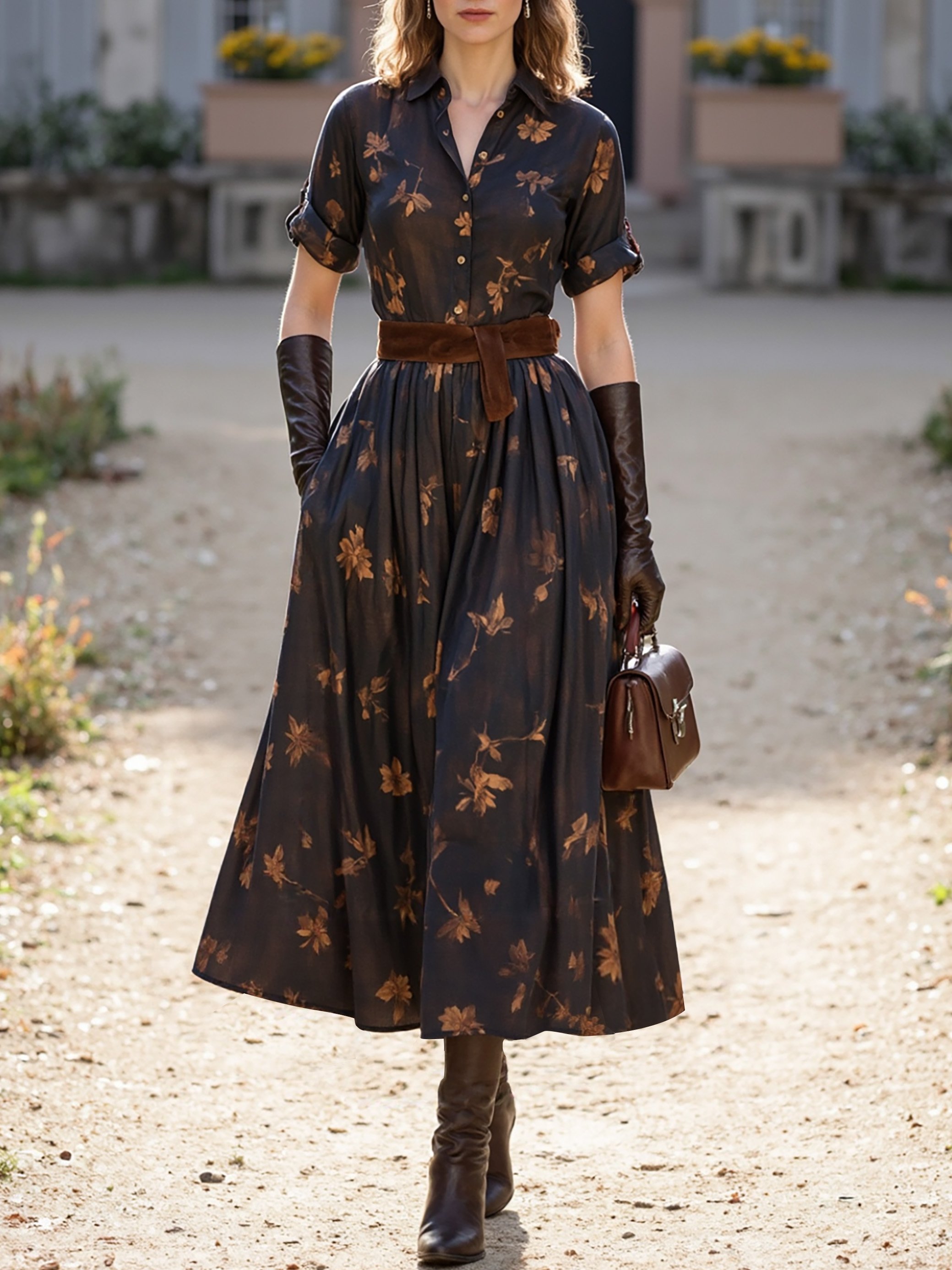 Midi Linen Dress, Short Sleeves, Shawl Collar, Floral, Button Design, Vintage, Deep Brown - Deep Brown