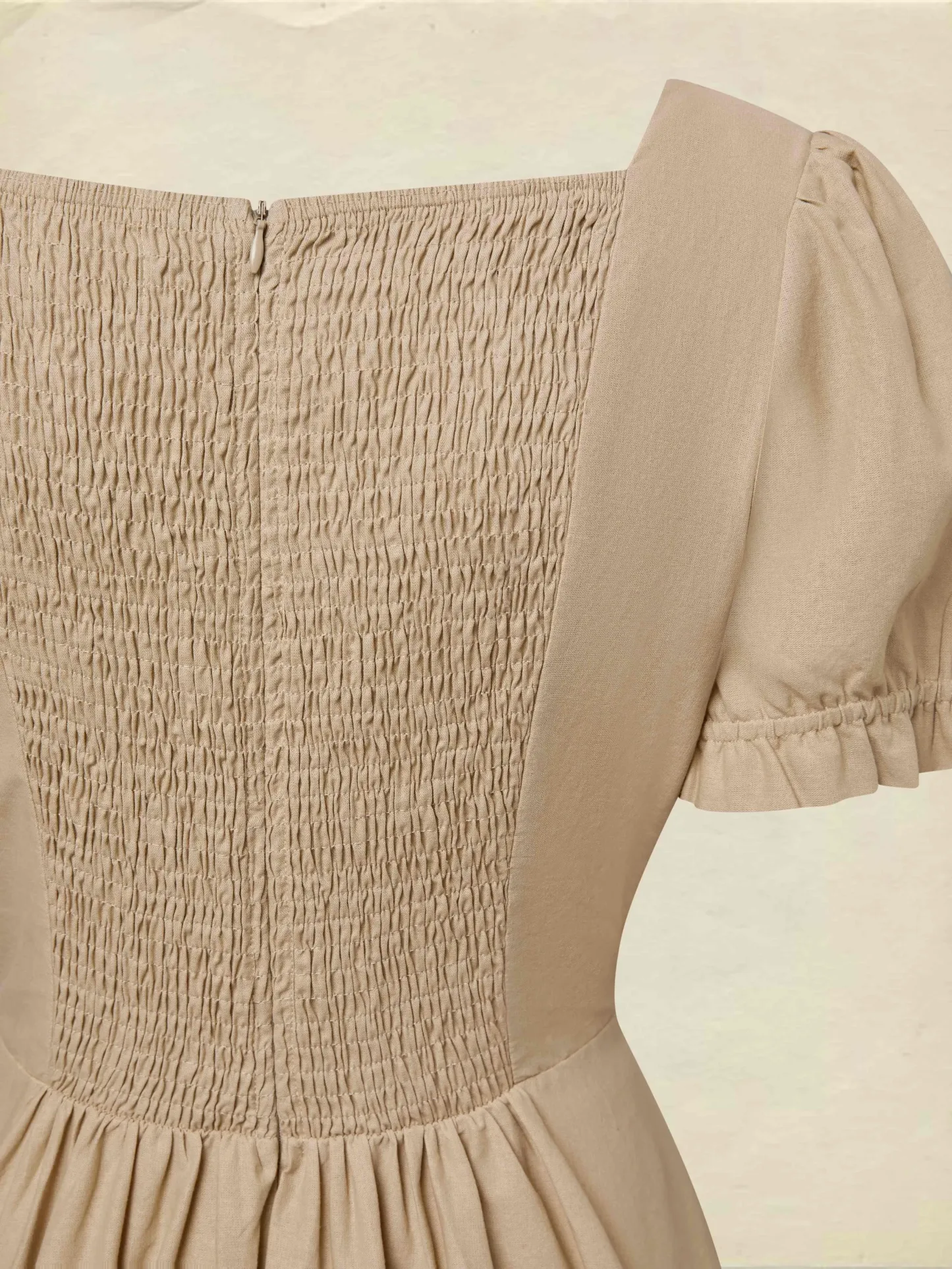 Maxi Cotton Dress, Short Sleeves, V Neck, Plain, Lace, French Vintage, Brown - Brown