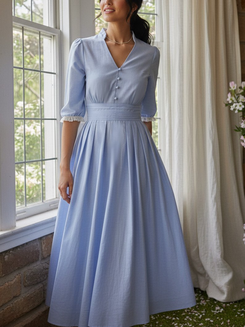 Midi Cotton Dress, Half Sleeve, V Neck, Plain, Lace, Vintage, Blue - Blue