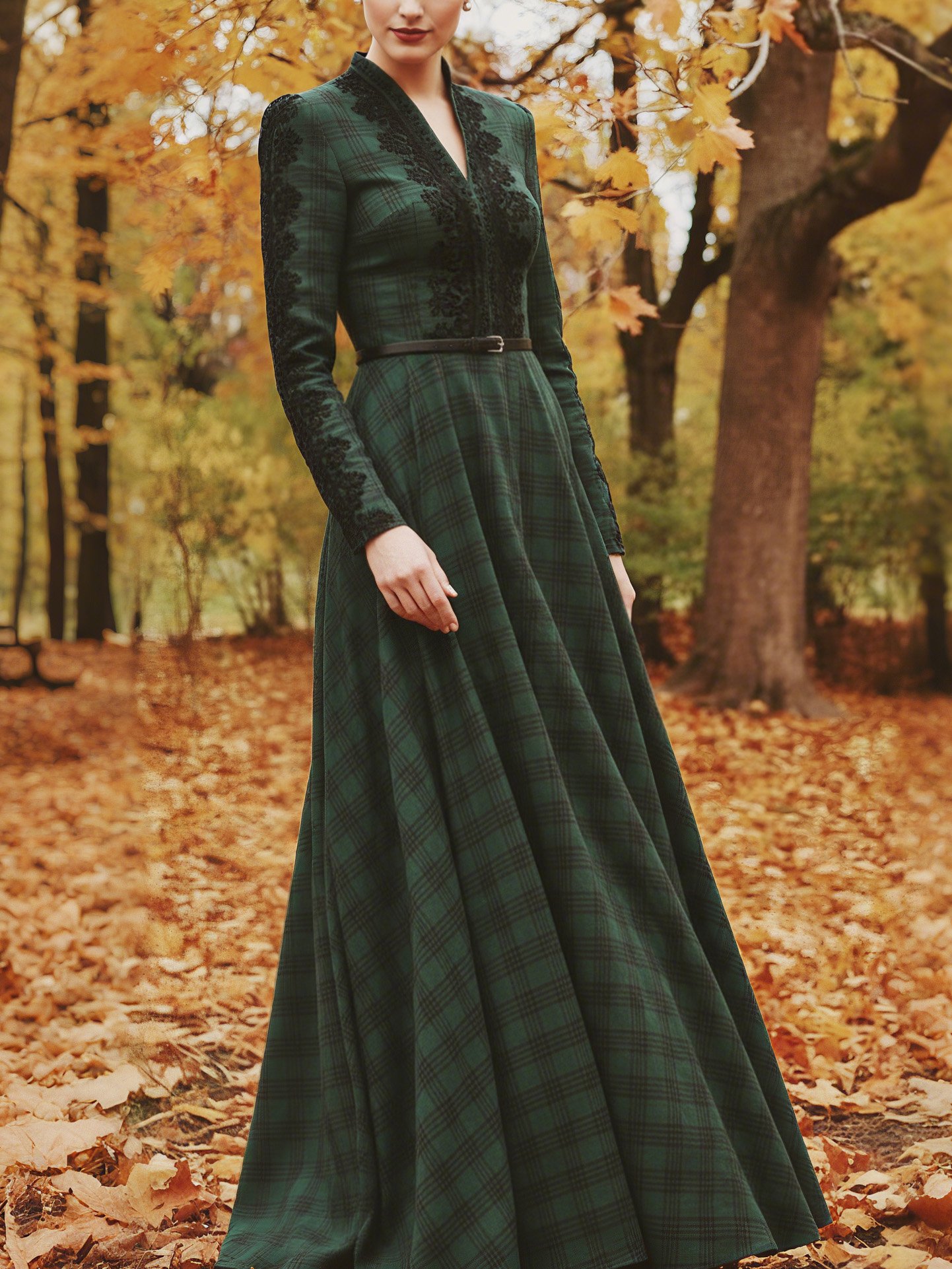 Maxi Linen Dress, Long Sleeves, V Neck, Plaid, Lace, Vintage, Deep Green - Deep Green