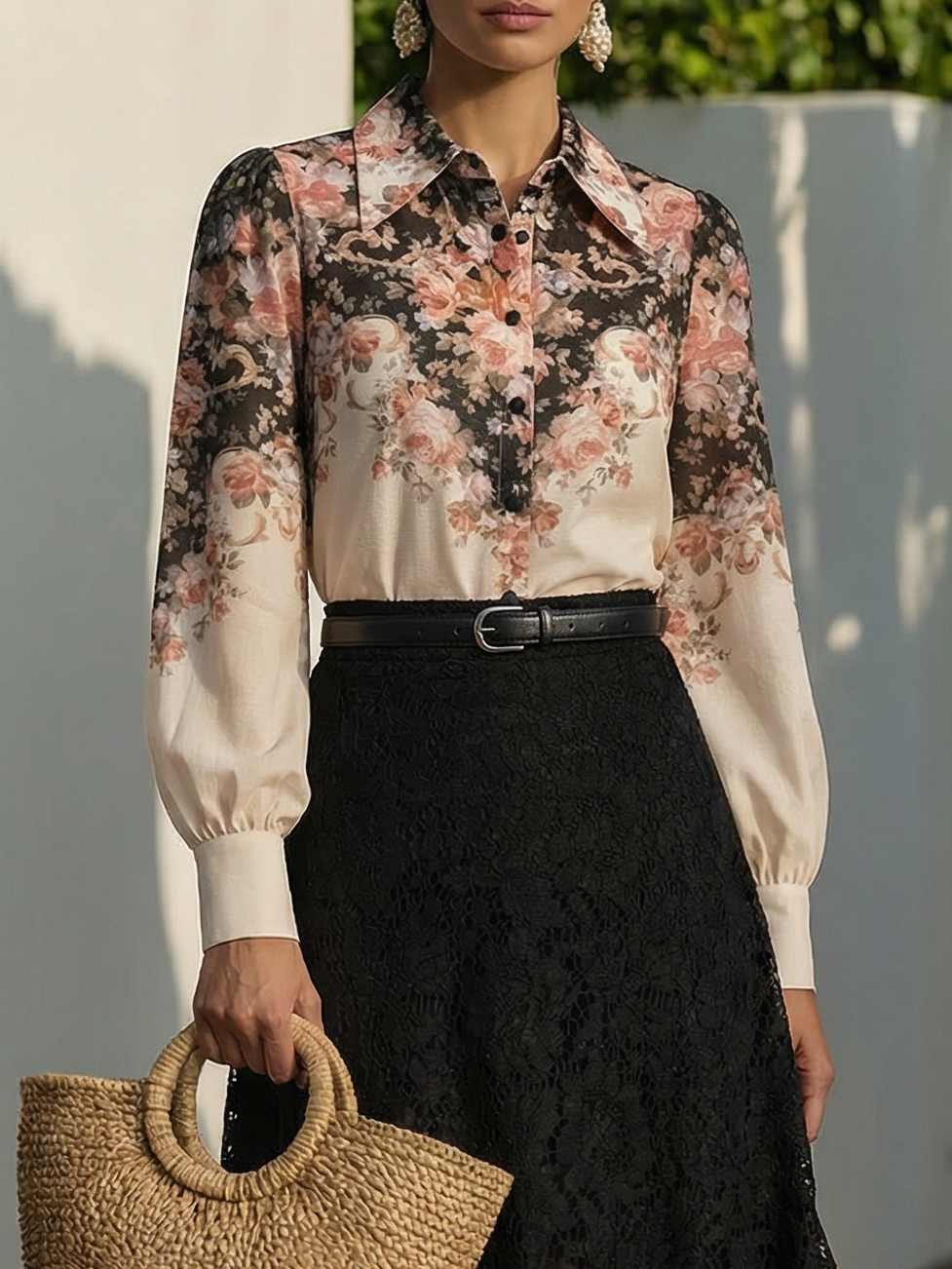 Cotton Shirt, Long Sleeves, Shawl Collar, Floral, Button Design, Vacation, Vintage, Apricot - Apricot