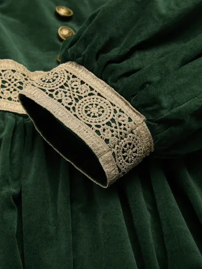 Maxi Cotton Dress, Long Sleeves, Square Neck, Plain, Lace, Vintage, Green - Green