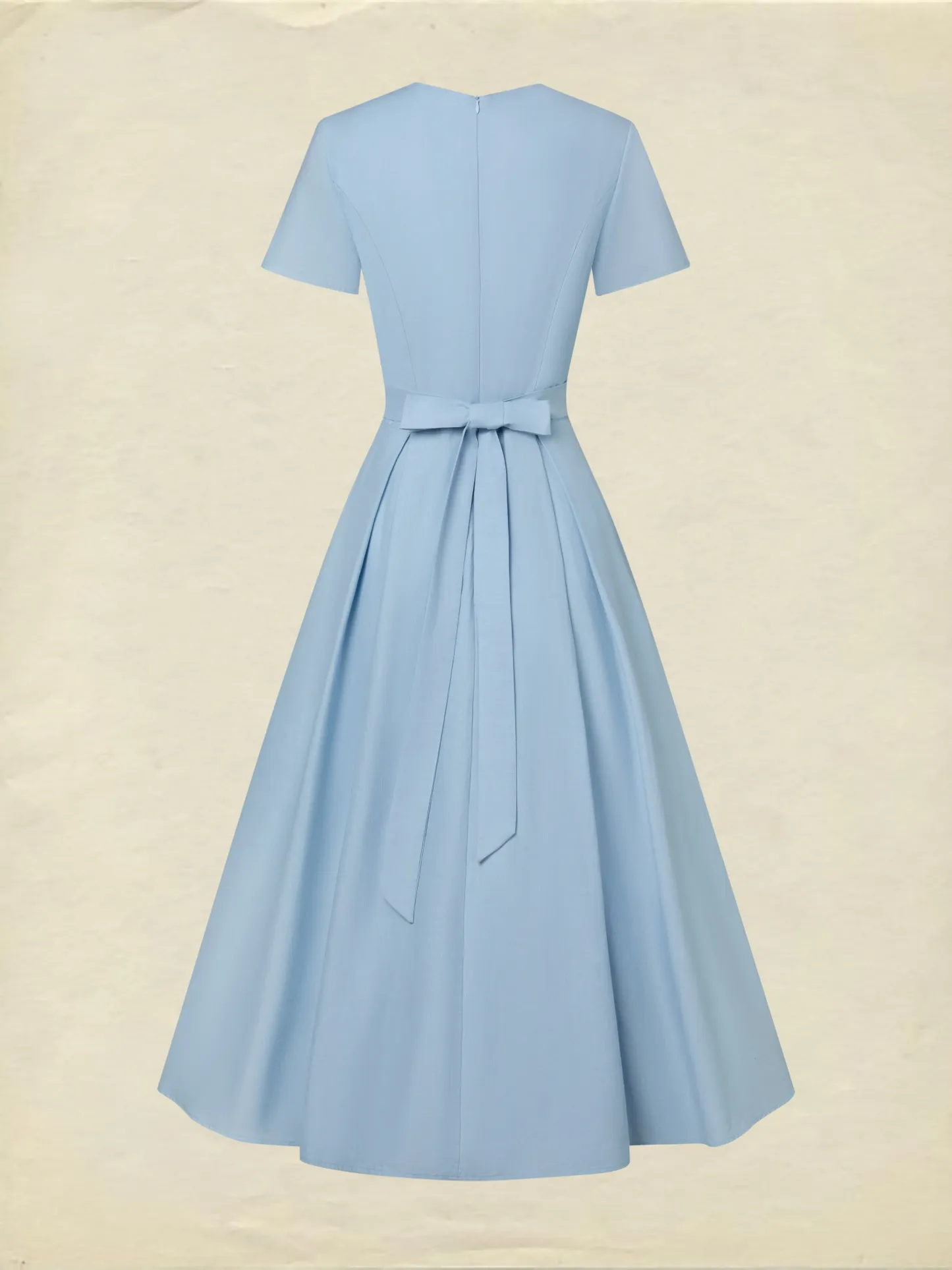 Maxi Linen Dress, Short Sleeves, V Neck, Plain, Lace, Vintage, Blue - Blue