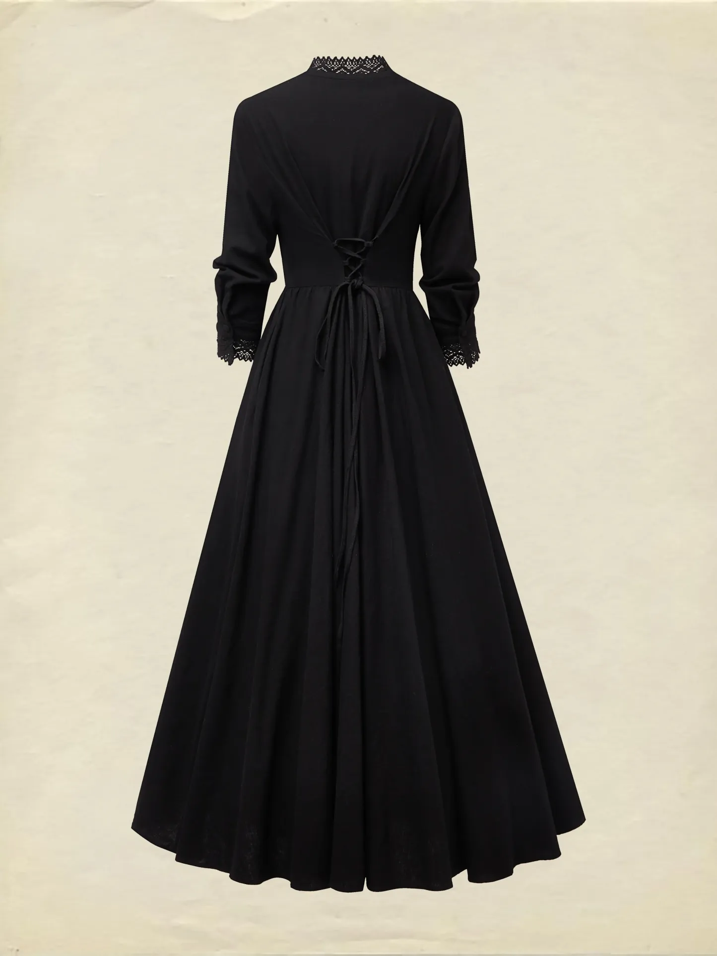 Maxi Linen Dress, Half Sleeve, V Neck, Plain, Button Design, Vintage, Black - Black