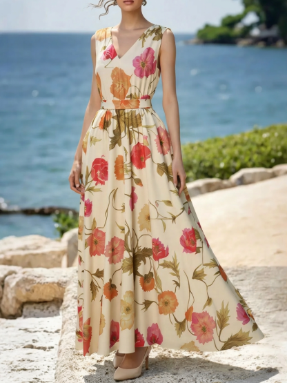 Maxi Cotton Dress, Sleeveless, V Neck, Floral, Belt Design, Vacation, Vintage, Apricot - Apricot