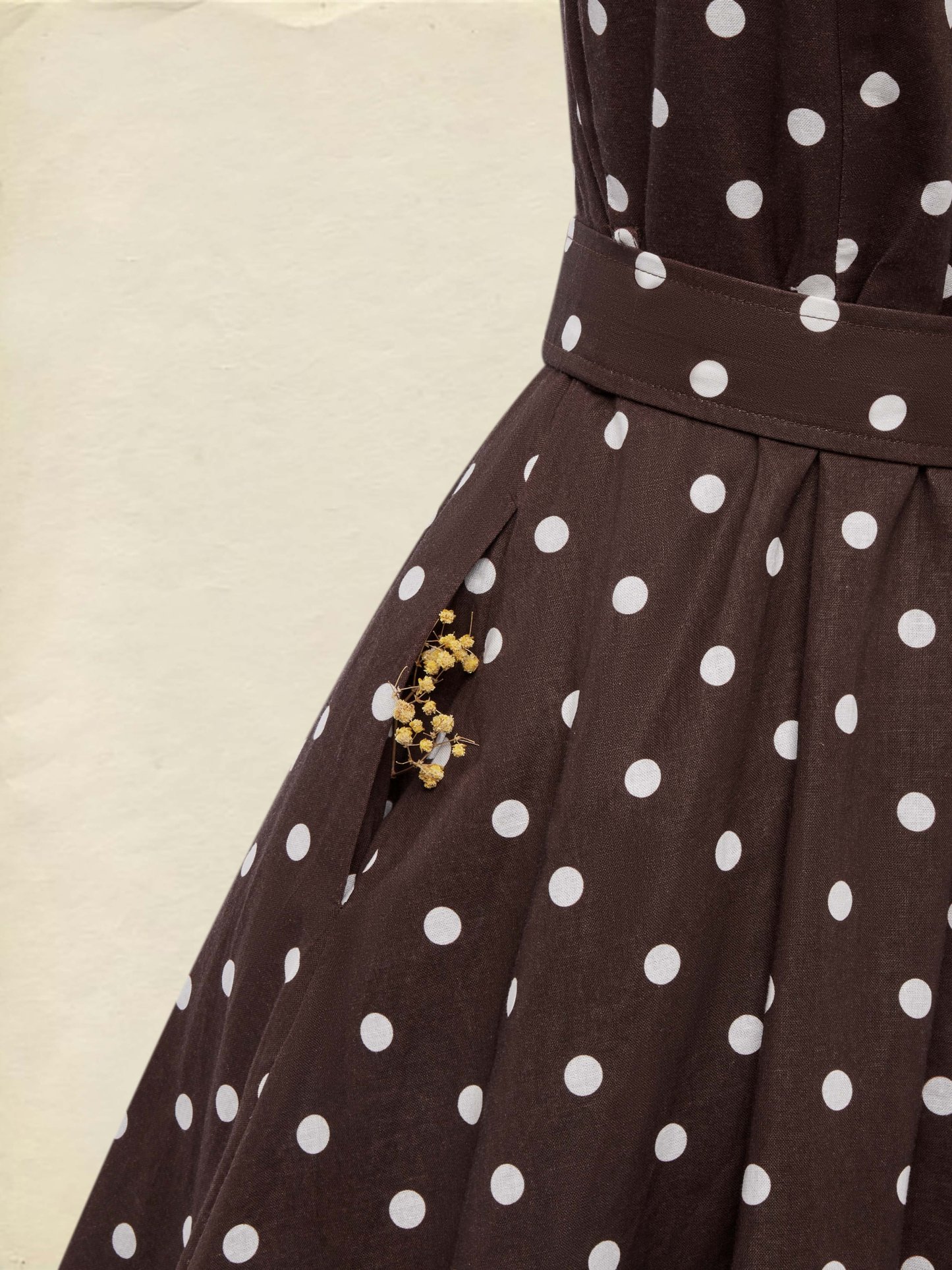 Midi Cotton Dress , Sleeveless, Shawl Collar, Polka Dots, Button Design, French Vintage, Coffee - Coffee