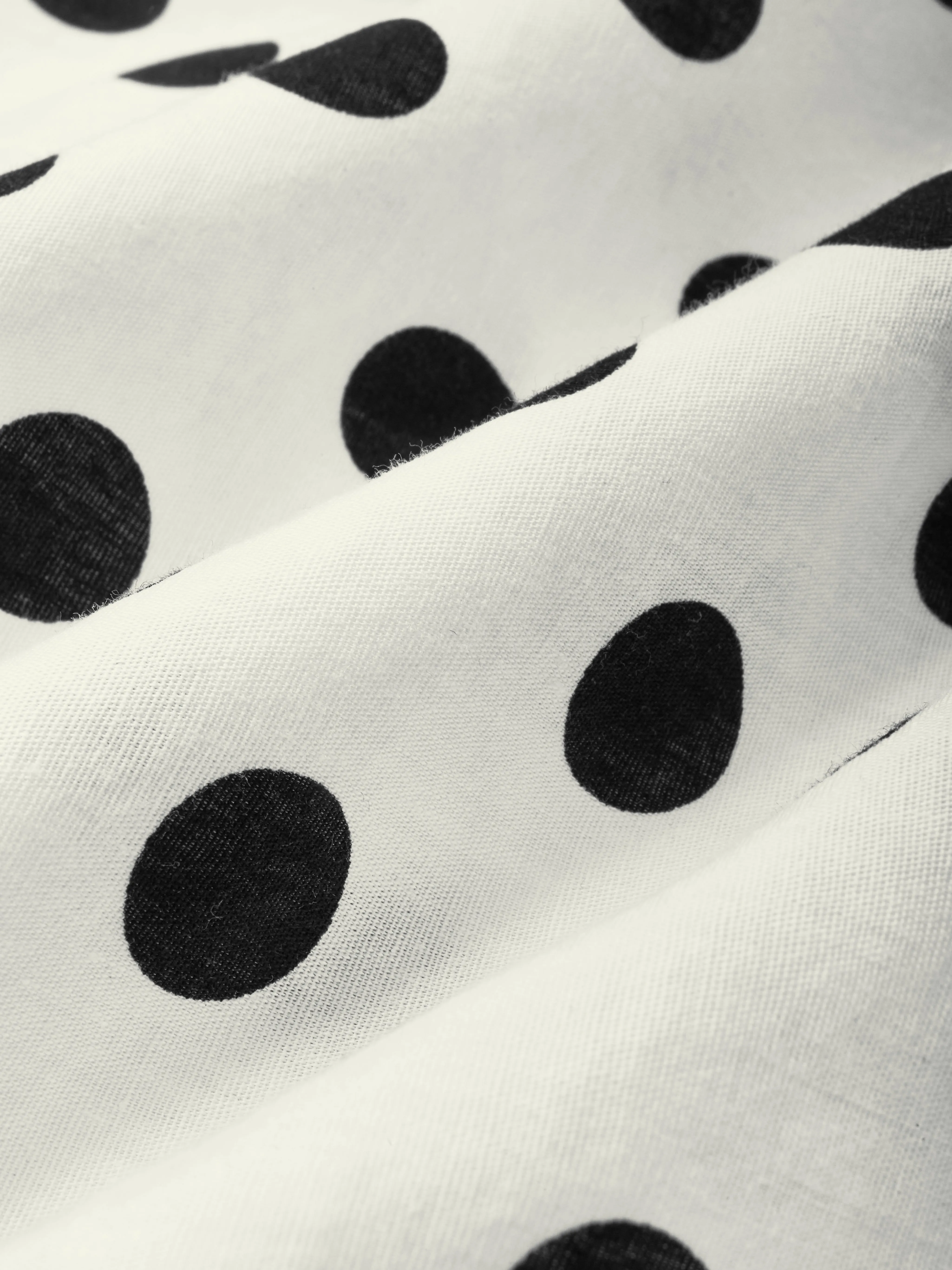 Midi Linen Dress, Long Sleeves, Lapel Collar, Polka Dots, Button Design, Vintage, Ivory - Ivory