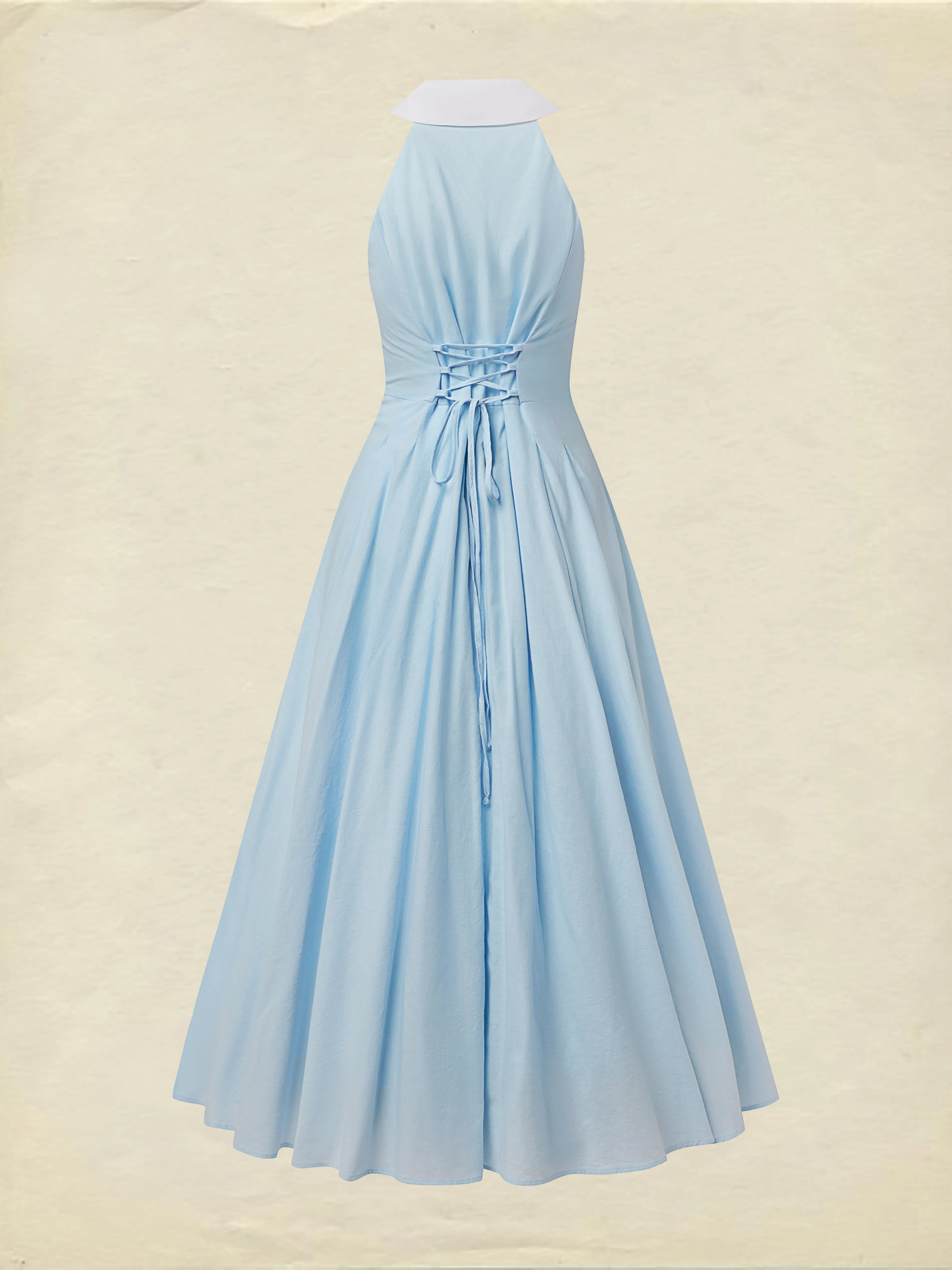 Maxi Linen Dress, Sleeveless, Shawl Collar, Plain, Button Design, Vintage, Blue - Blue
