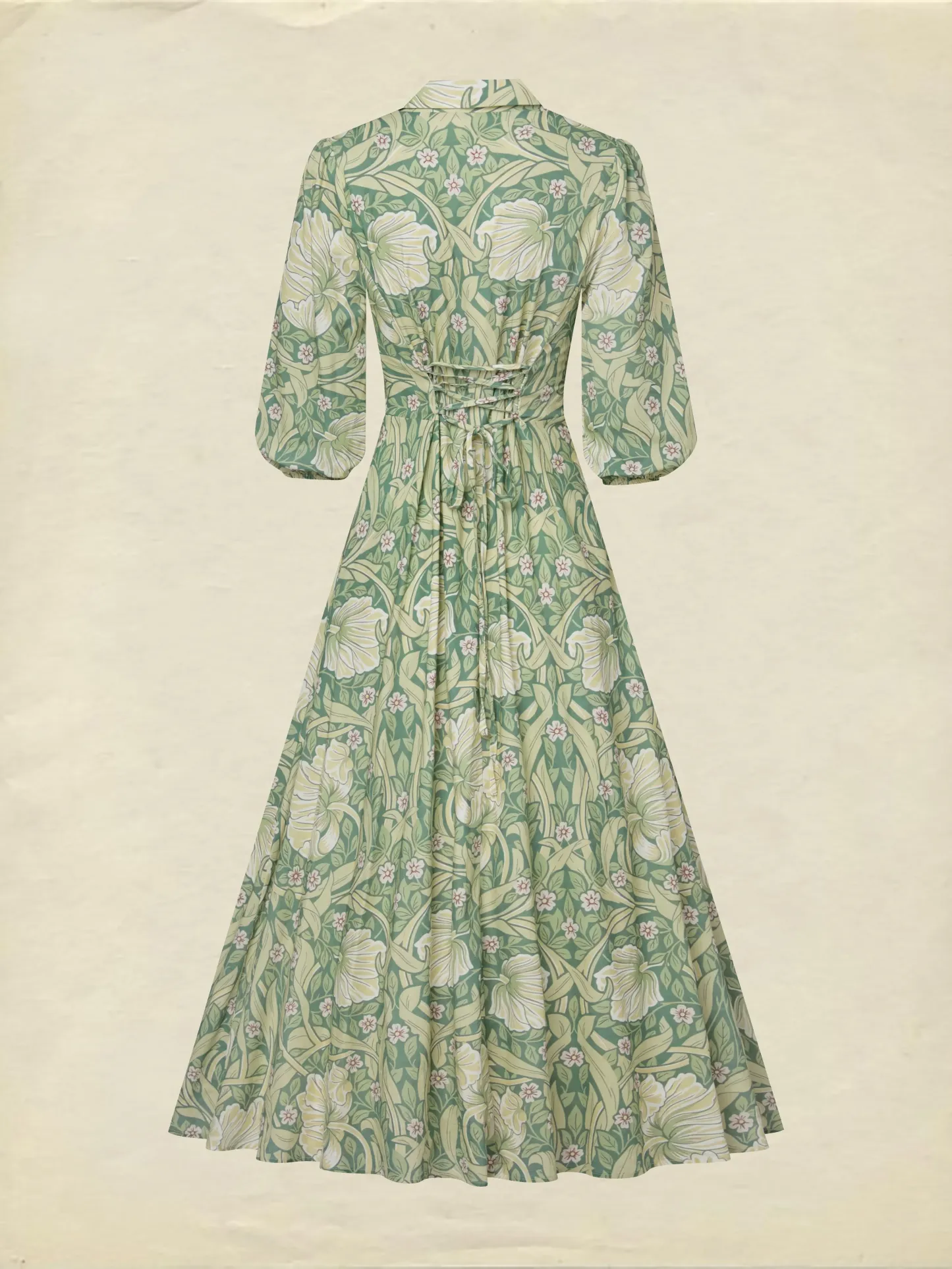 Maxi Linen Dress, Half Sleeve, Lapel Collar, Paisley, Button Design, Vacation, Vintage, Green - Green