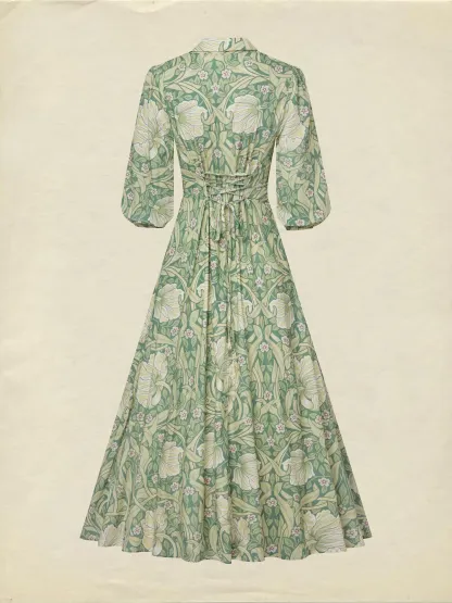 Maxi Linen Dress, Half Sleeve, Lapel Collar, Paisley, Button Design, Vacation, Vintage, Green - Green