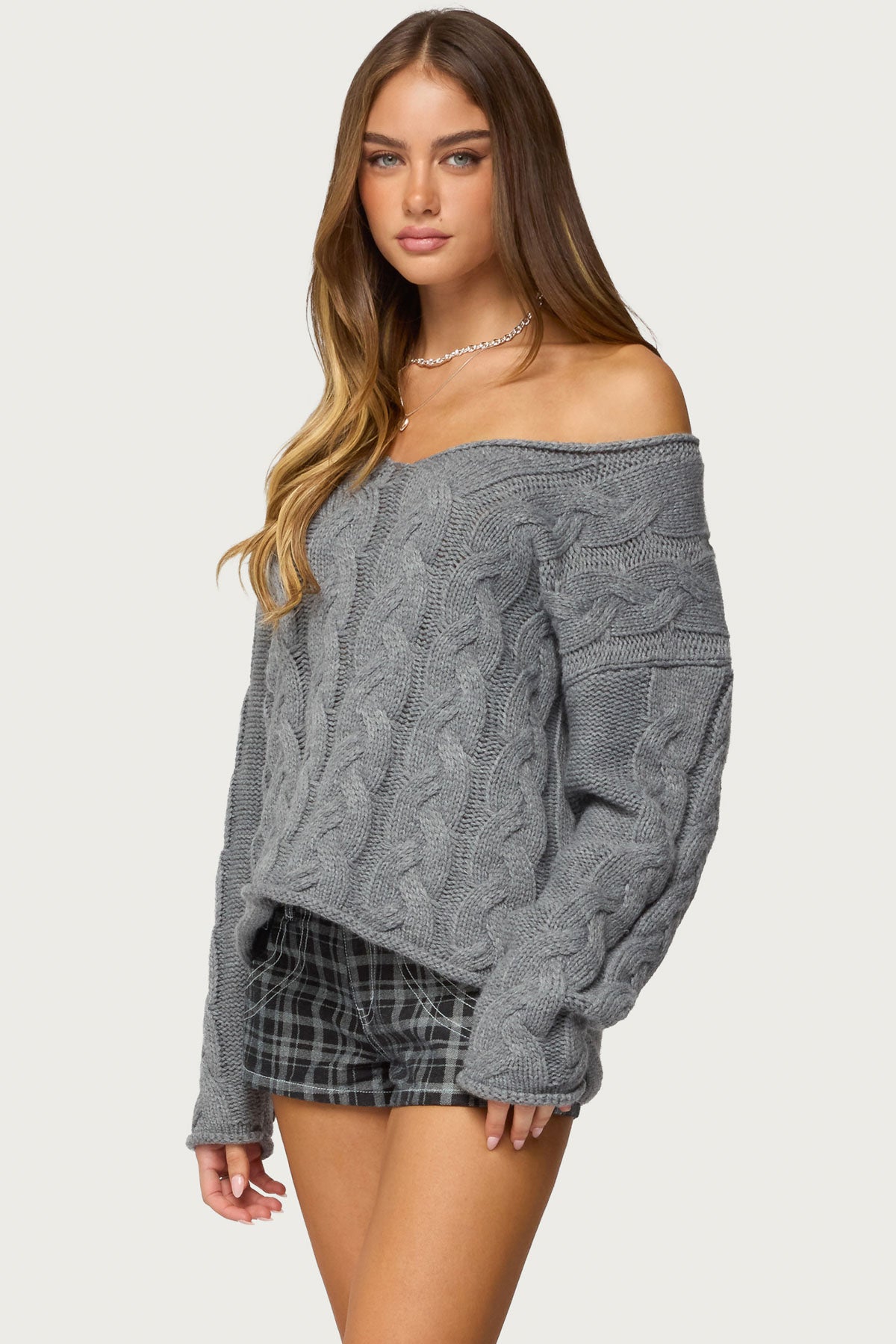Inga Oversized Cable Knit Sweater - GRAY-MELANGE