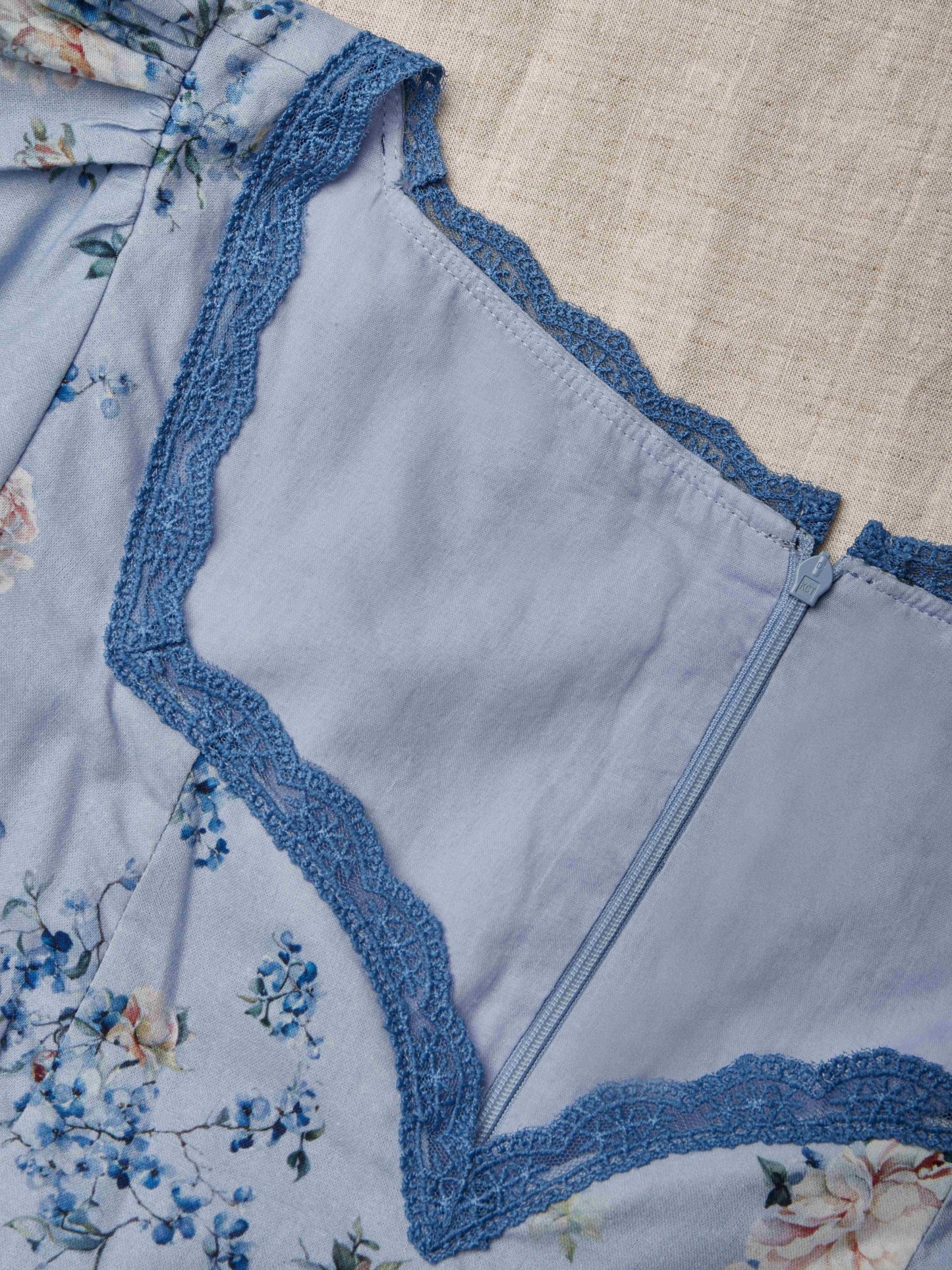 Maxi Linen Dress, Puff Sleeves, Crew Neck, Floral, Linen Blend, Blue - Blue