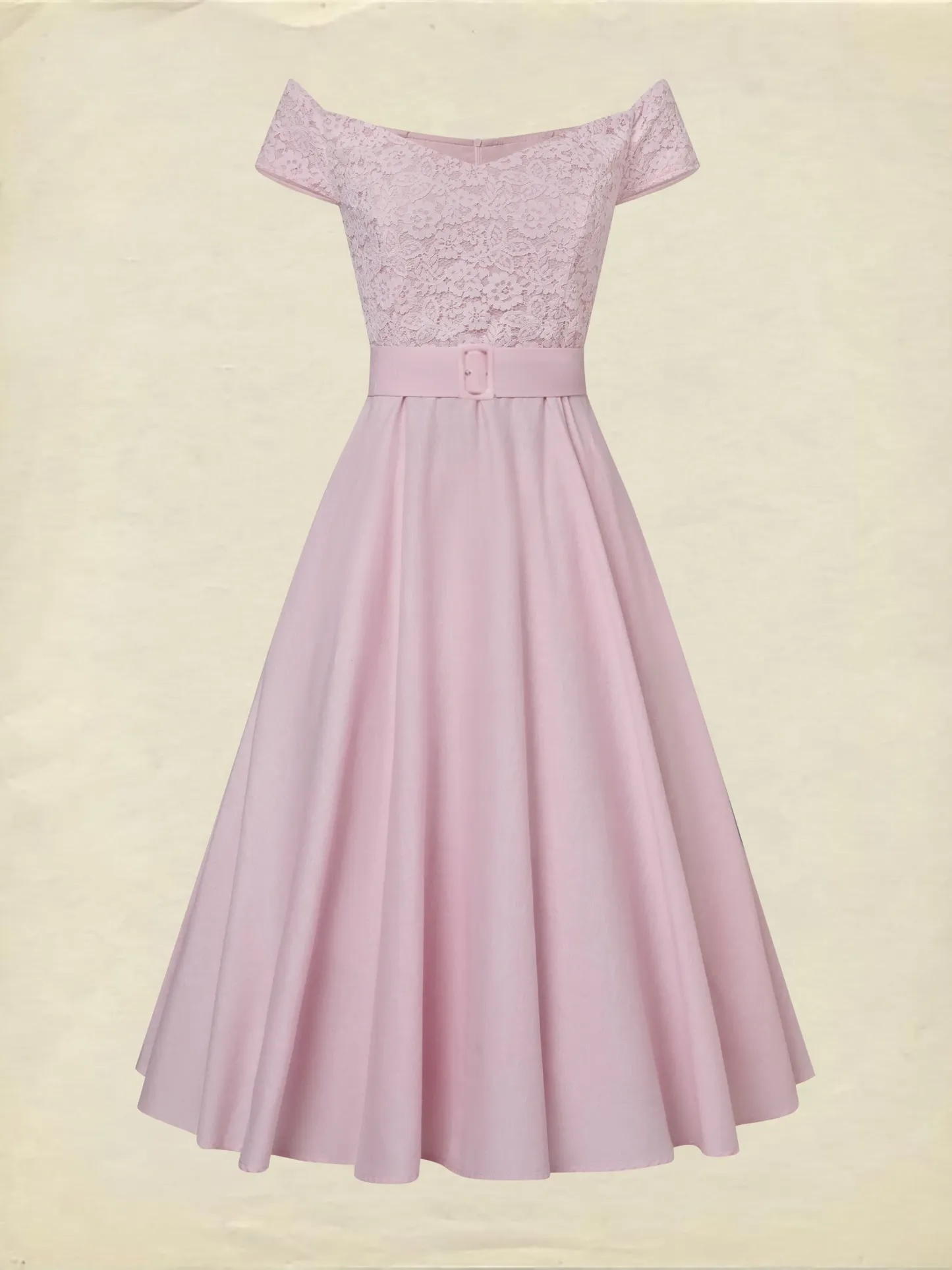 Midi Cotton Dress, Sleeveless, Off The Shoulder, Plain, Lace, French Vintage, Pink - Pink