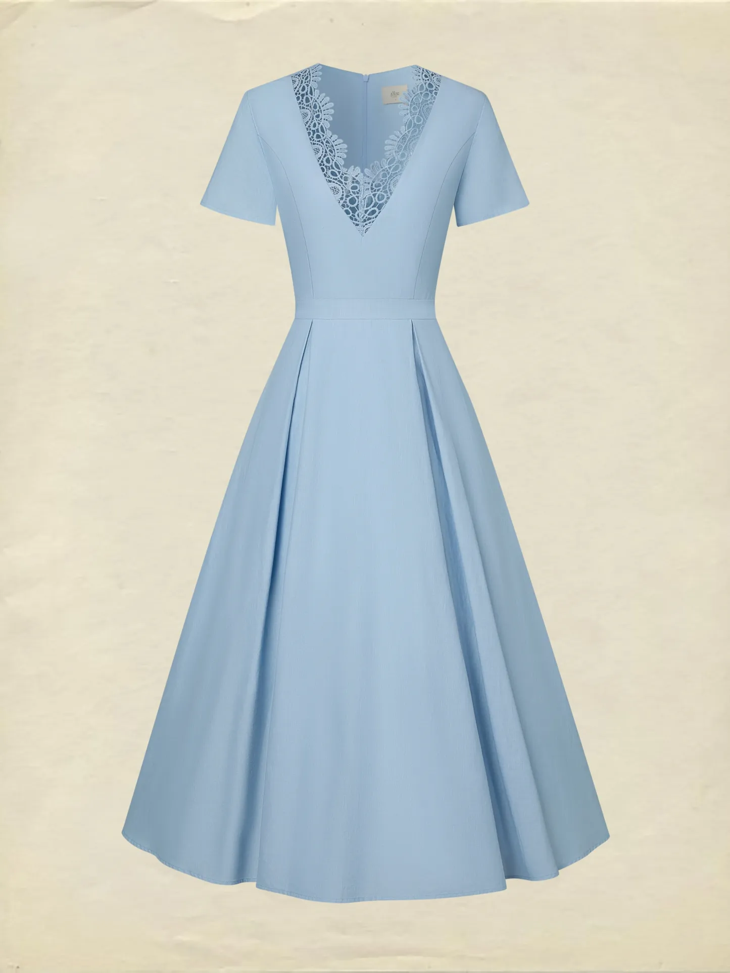 Maxi Linen Dress, Short Sleeves, V Neck, Plain, Lace, Vintage, Blue - Blue