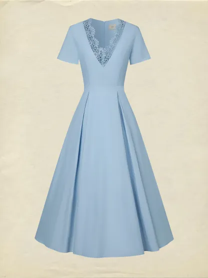 Maxi Linen Dress, Short Sleeves, V Neck, Plain, Lace, Vintage, Blue - Blue