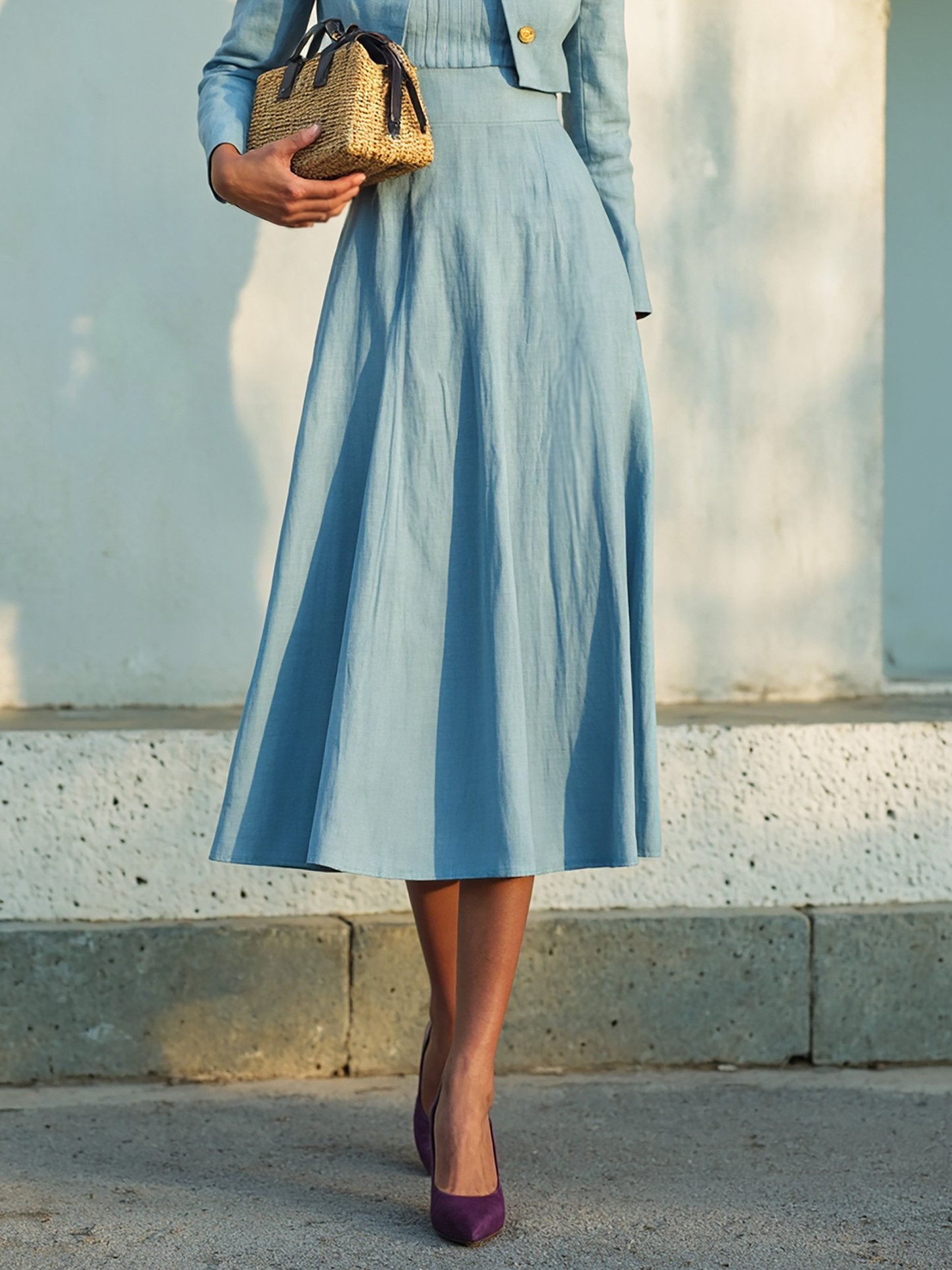 Midi Cotton Dress Set, Long Sleeves, Round Neck, Plain, Button Design, French Vintage, Blue - Blue