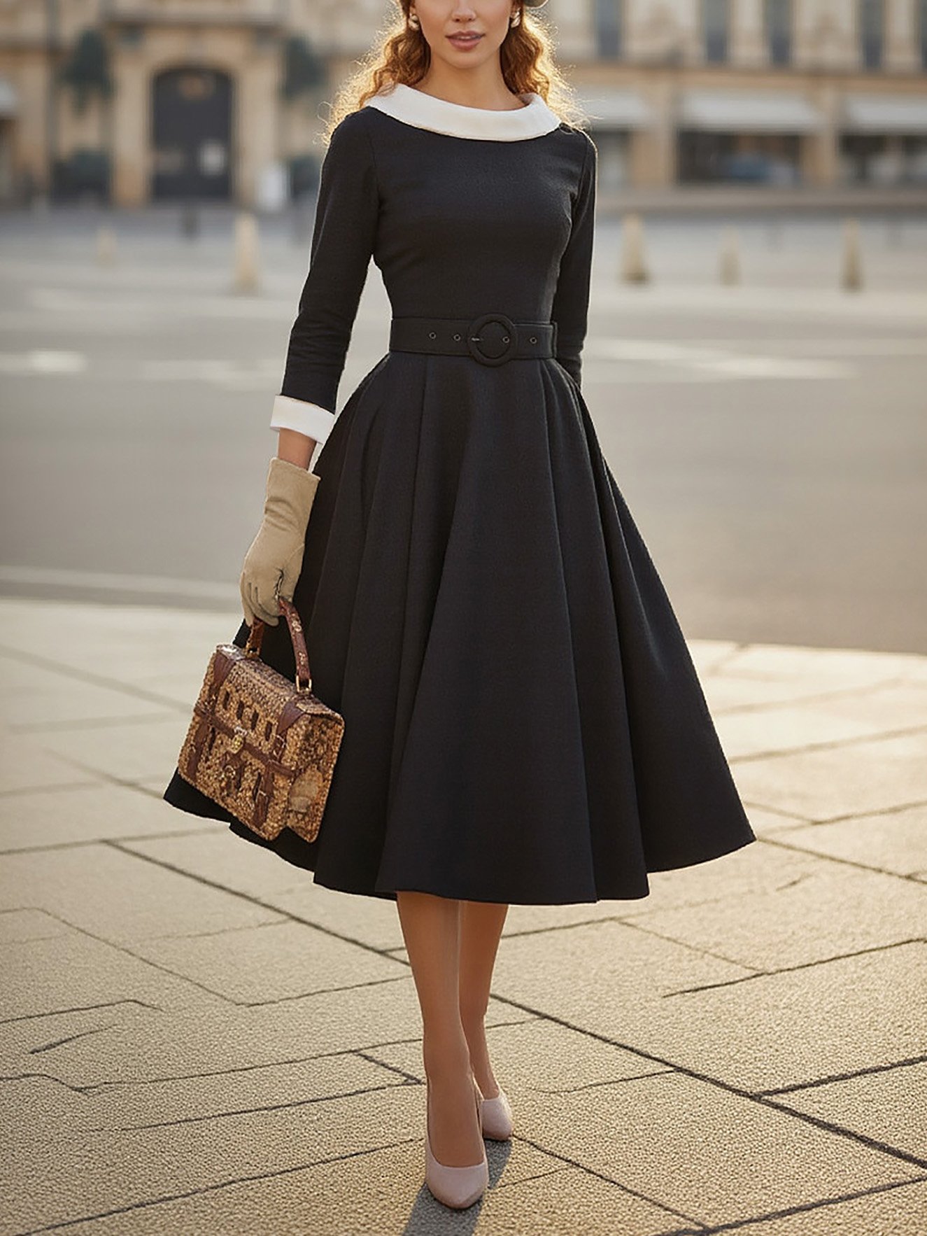 Midi Cotton Dress, Half Sleeve, Round Neck, Plain, Belt Design, Vintage, Black - Black