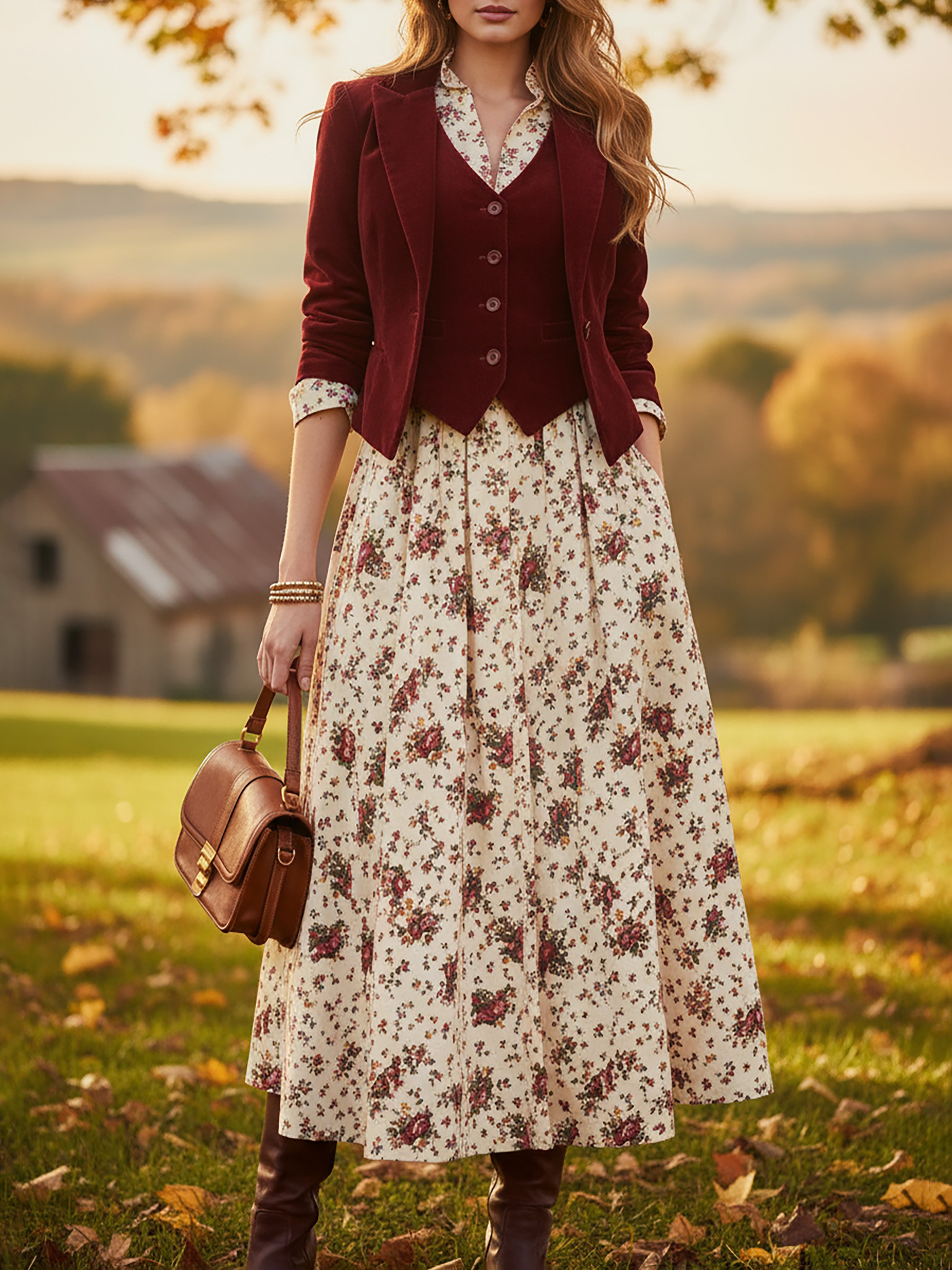 Cotton Blazer (Dress and Vest Not Included), Long Sleeves, Lapel Collar, Button Design, Vintage, Red - Red