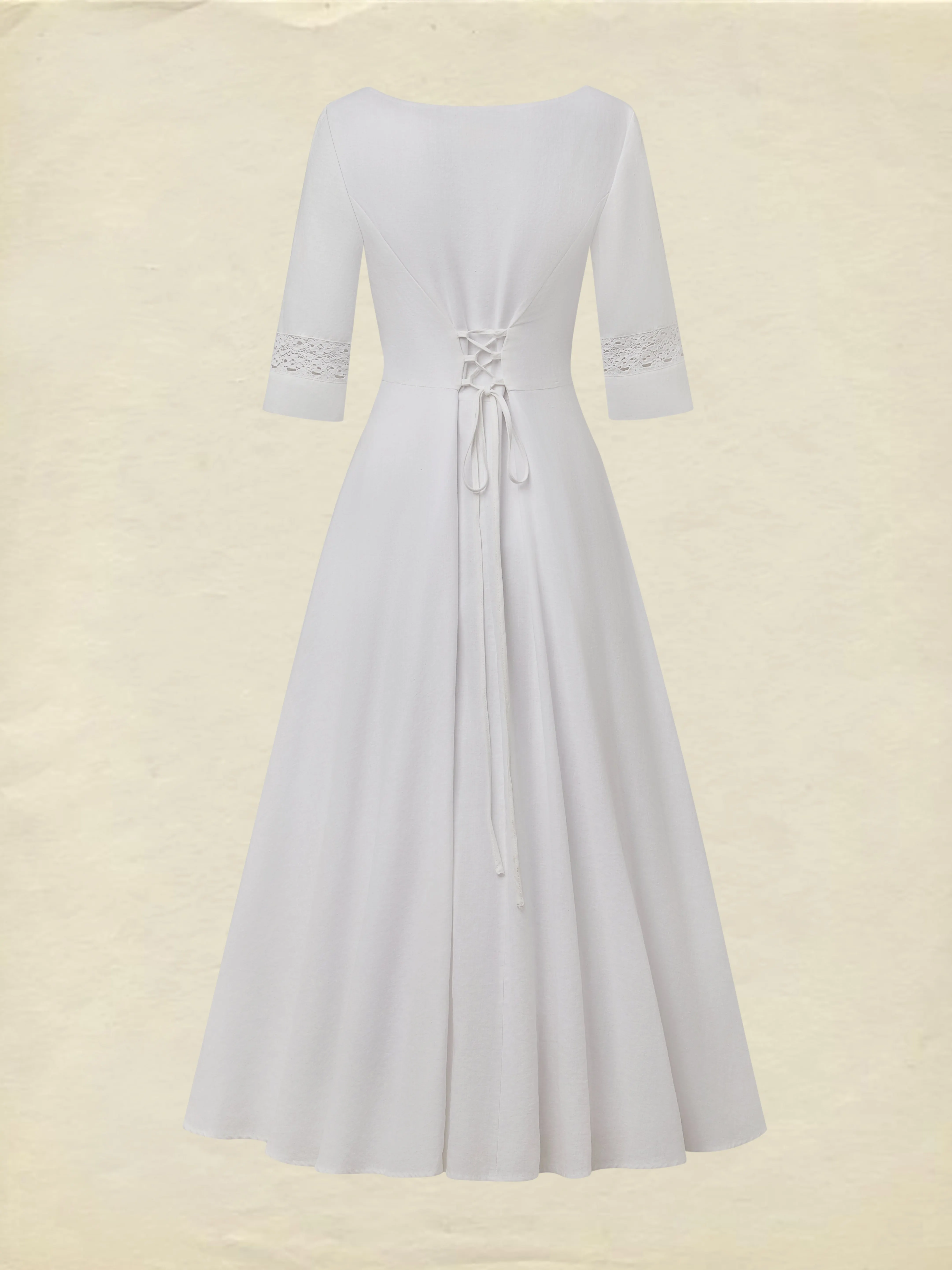 Midi Cotton Dress, Half Sleeve, Round Neck, Plain, Lace, Vacation, Vintage, White - White