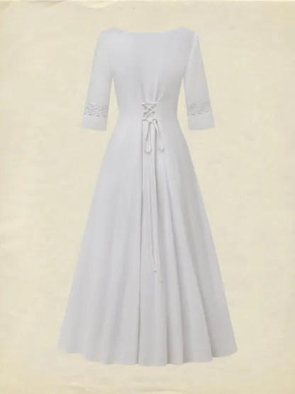 Midi Cotton Dress, Half Sleeve, Round Neck, Plain, Lace, Vacation, Vintage, White - White