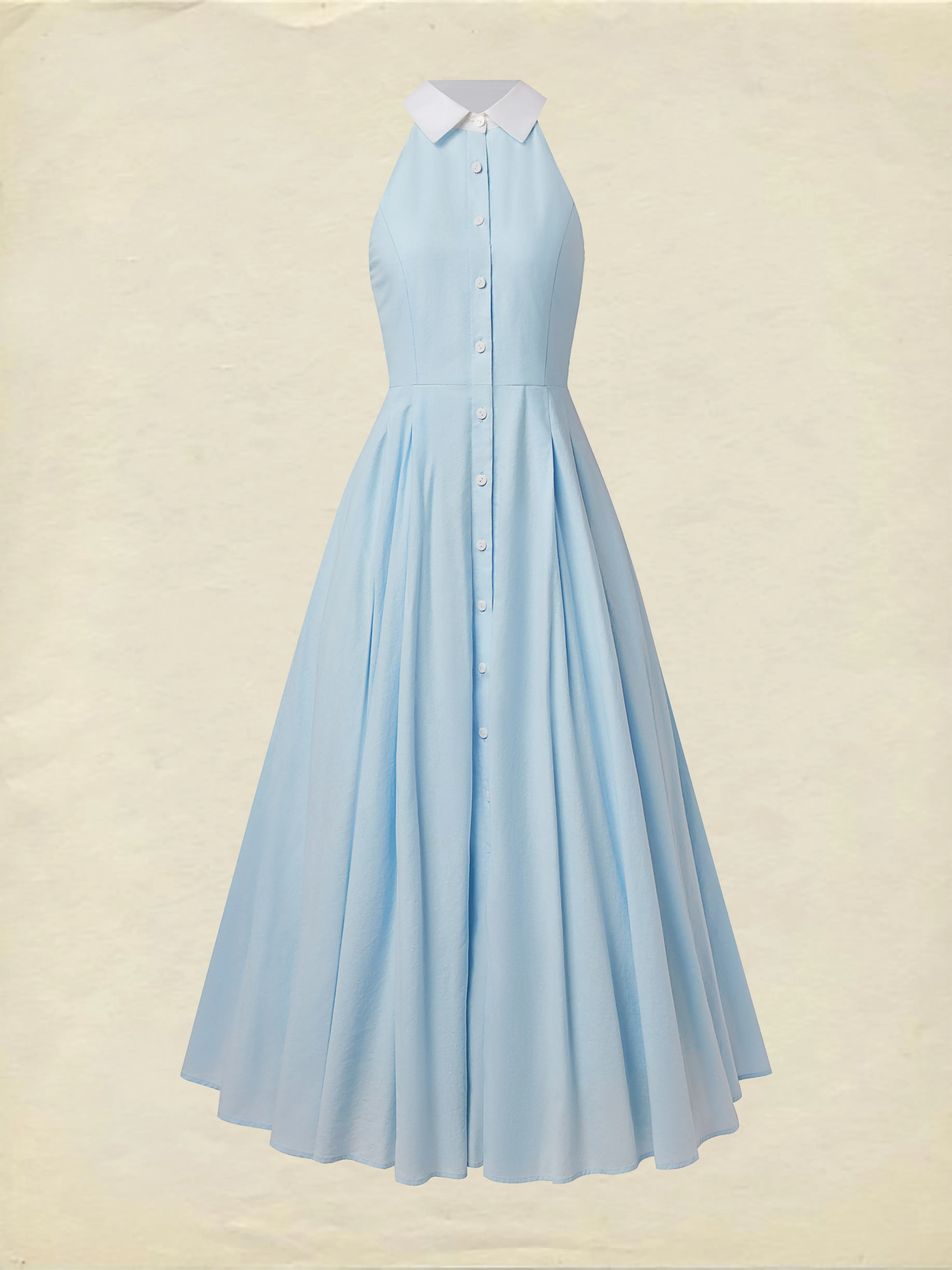 Maxi Linen Dress, Sleeveless, Shawl Collar, Plain, Button Design, Vintage, Blue - Blue