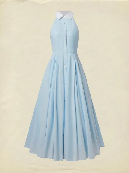 Maxi Linen Dress, Sleeveless, Shawl Collar, Plain, Button Design, Vintage, Blue - Blue