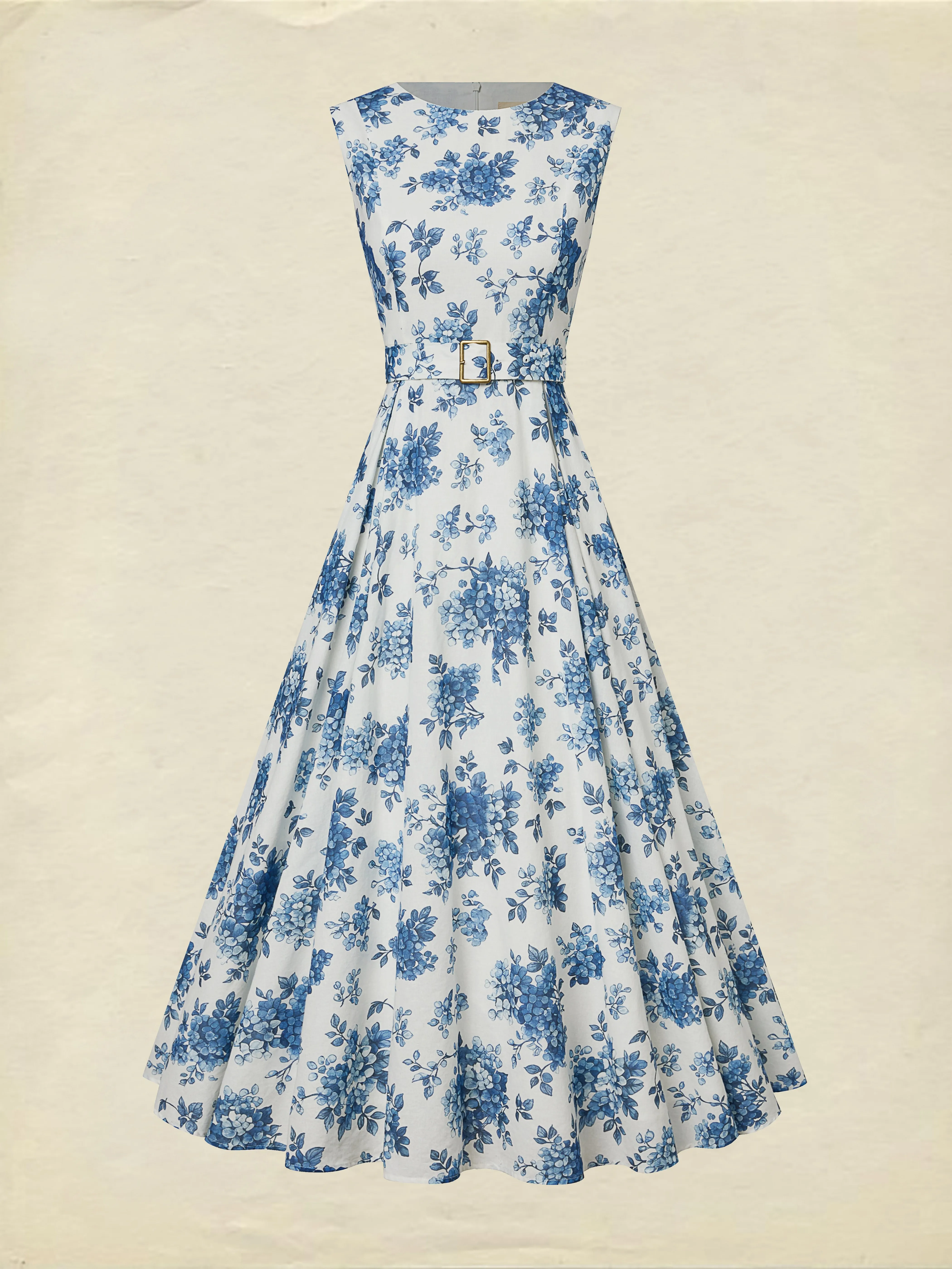 Maxi Linen Dress , Sleeveless, Round Neck, Floral, Belt Design, Vacation, Vintage, Blue - Blue
