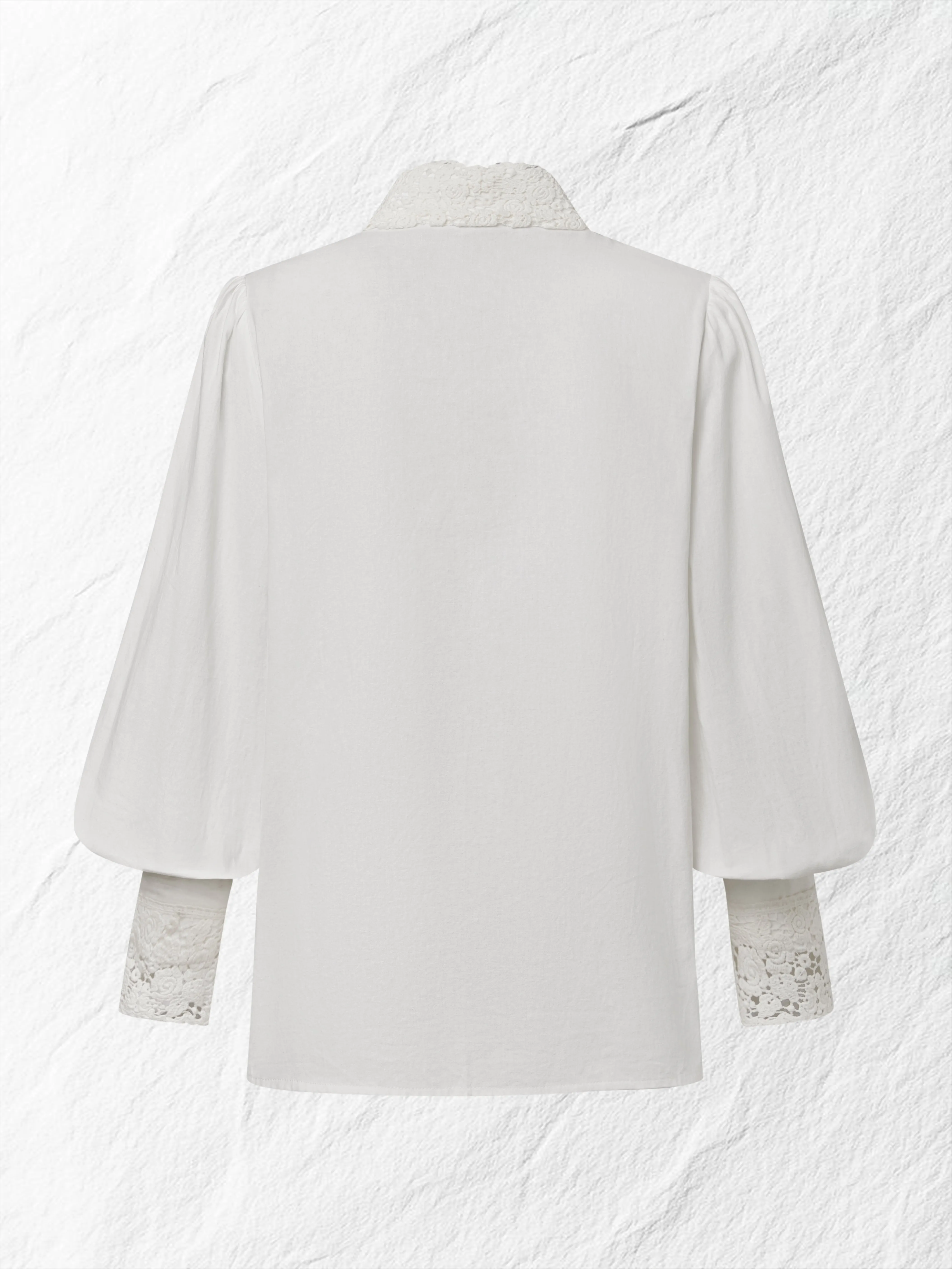 Linen Shirt, Long Sleeves, Stand Collar, Plain, Lace, Vintage, Ivory - Ivory