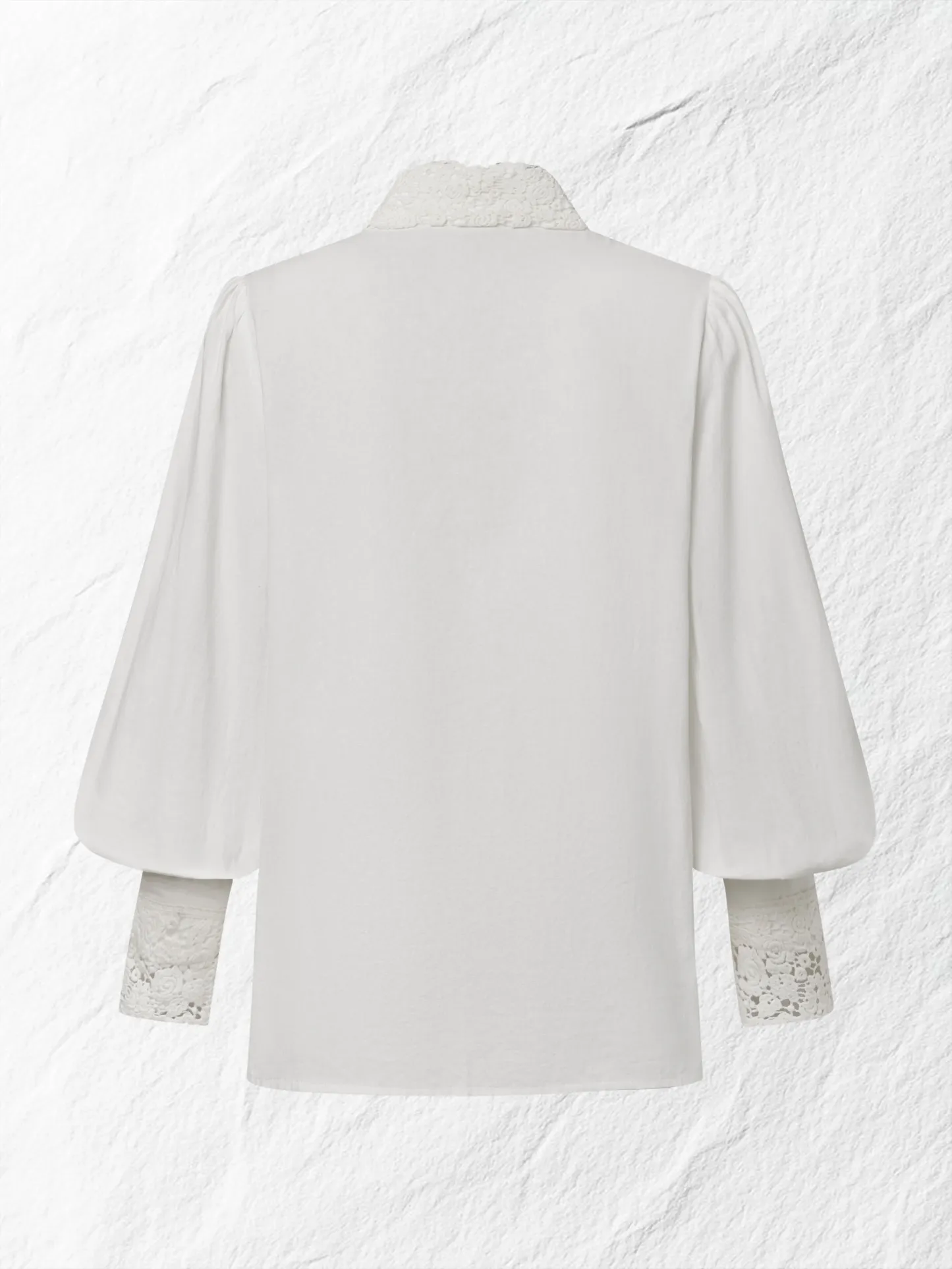 Linen Shirt, Long Sleeves, Stand Collar, Plain, Lace, Vintage, Ivory - Ivory