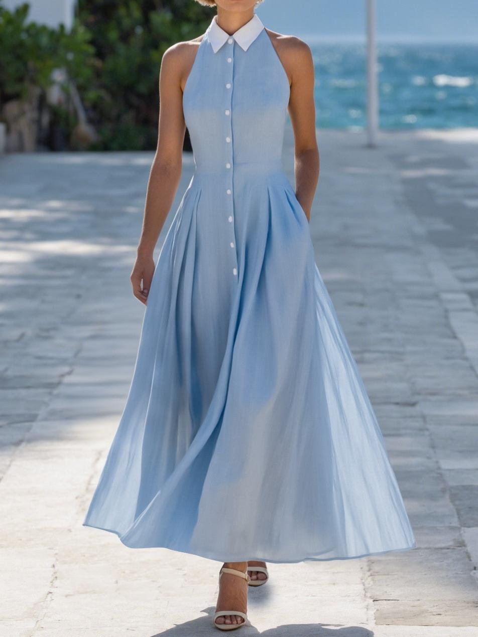 Maxi Linen Dress, Sleeveless, Shawl Collar, Plain, Button Design, Vintage, Blue - Blue