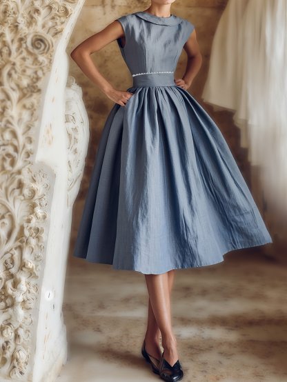 Linen Midi Dress, Sleeveless, Crew Neck, Plain, Vintage, Blue - Blue