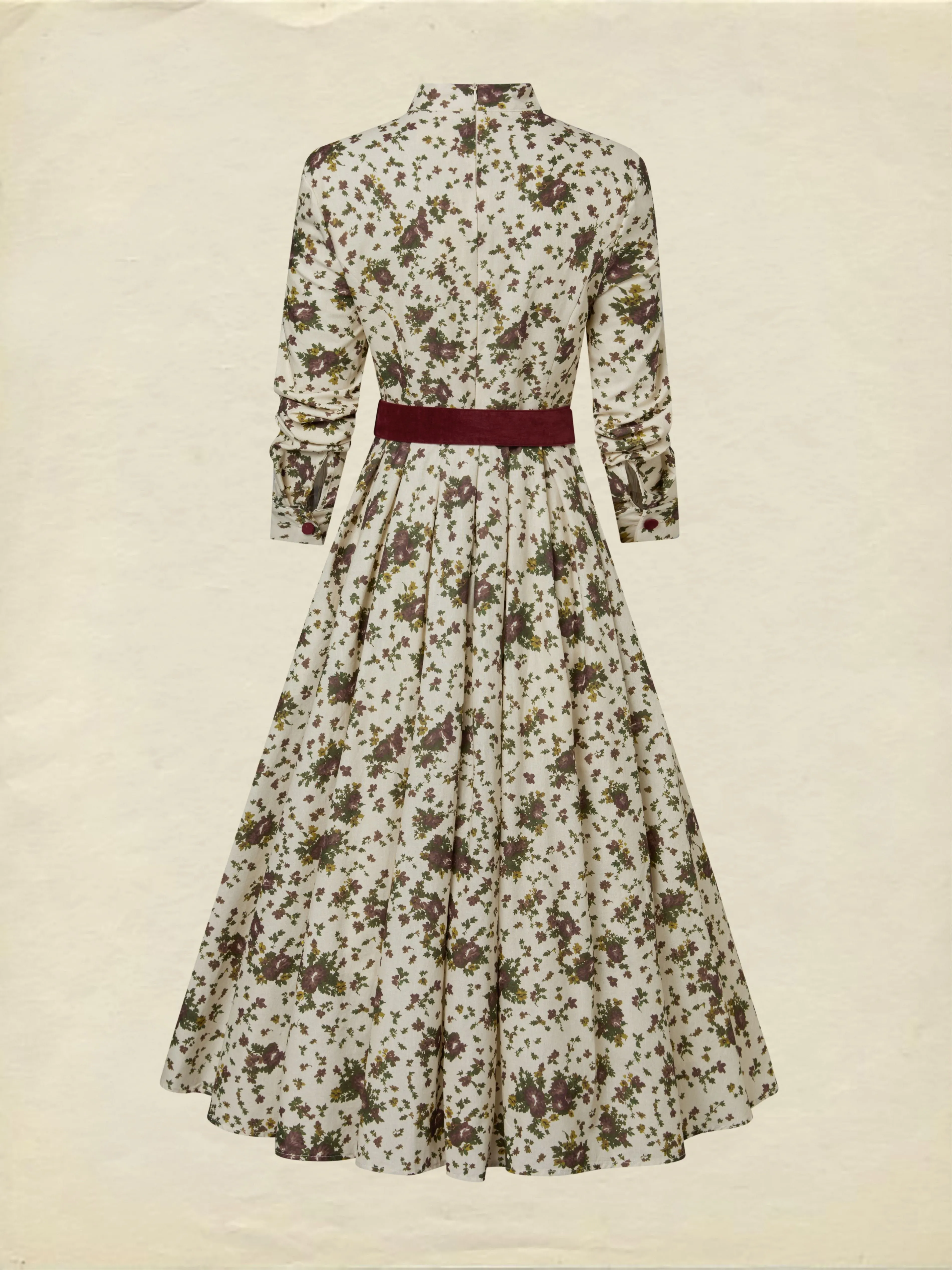 Midi Linen Dress, Long Sleeves, Shawl Collar, Floral, Belt Design, Vintage, Apricot - Apricot