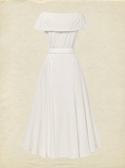 Midi Linen Dress, Short Sleeves, Shawl Collar, Plain, Button Design, French Vintage, White - White
