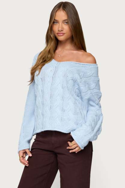 Inga Oversized Cable Knit Sweater - LIGHT BLUE
