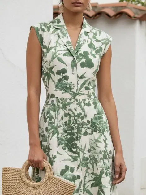 Maxi Linen Dress, Sleeveless, Shawl Collar, Floral, Vintage, Green - Green