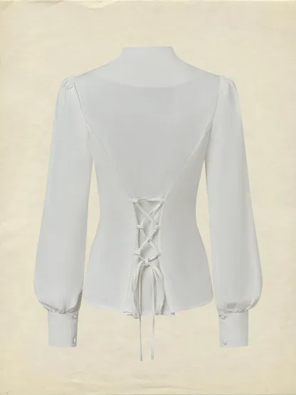 Linen Shirt, Long Sleeves,  Plain, Lace, French Vintage, White - White