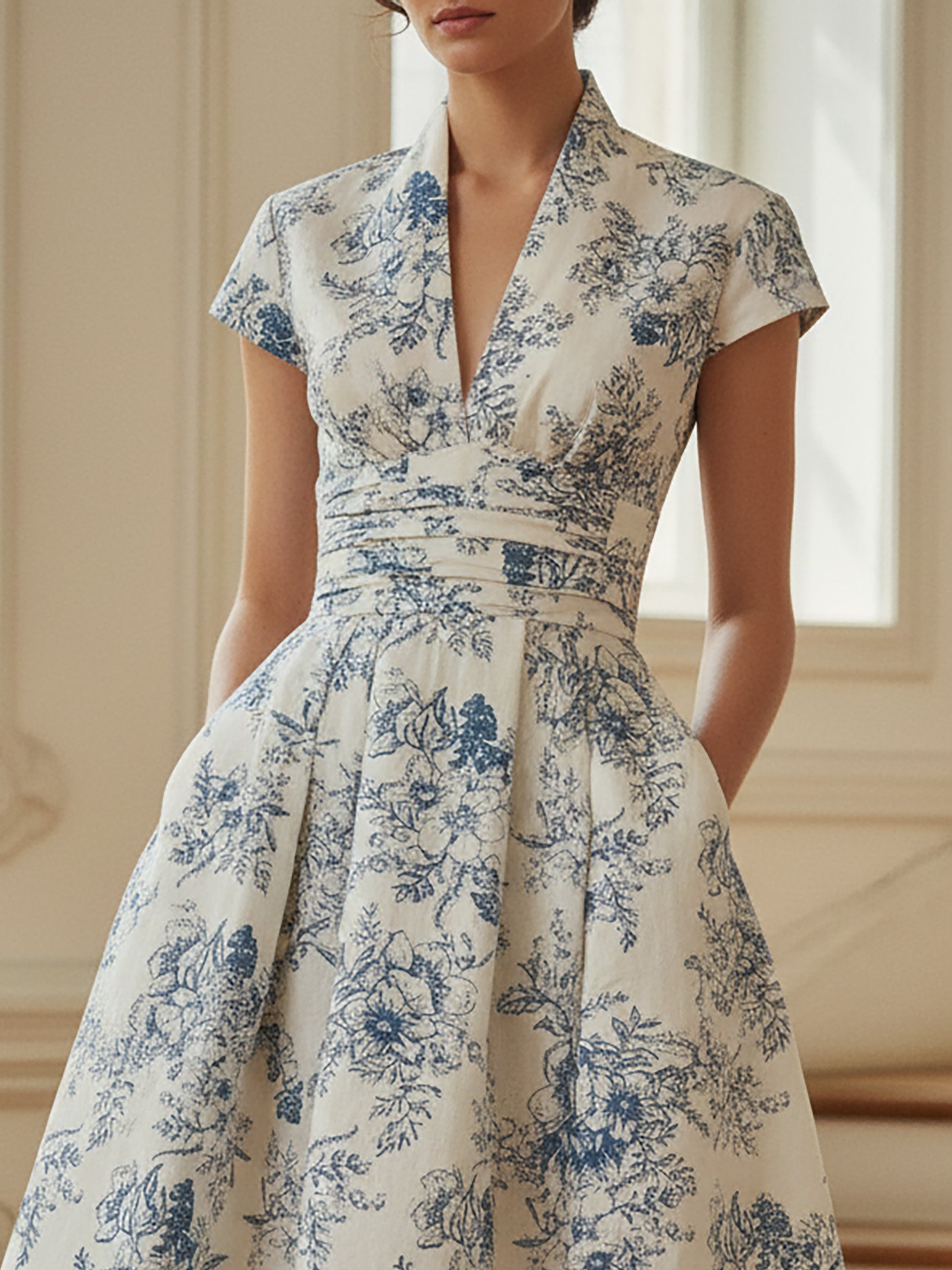 Midi Linen Dress, Short Sleeves, V Neck, Floral, Vintage, Blue - Blue