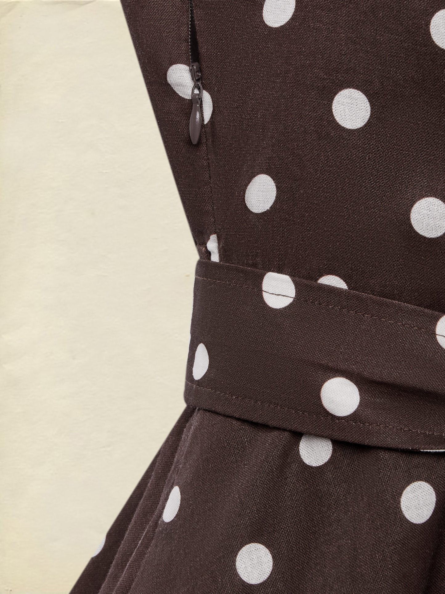 Midi Cotton Dress , Sleeveless, Shawl Collar, Polka Dots, Button Design, French Vintage, Coffee - Coffee