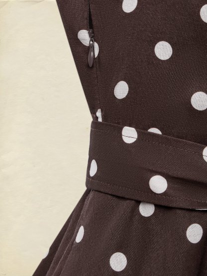 Midi Cotton Dress , Sleeveless, Shawl Collar, Polka Dots, Button Design, French Vintage, Purplish Blue - Purplish Blue