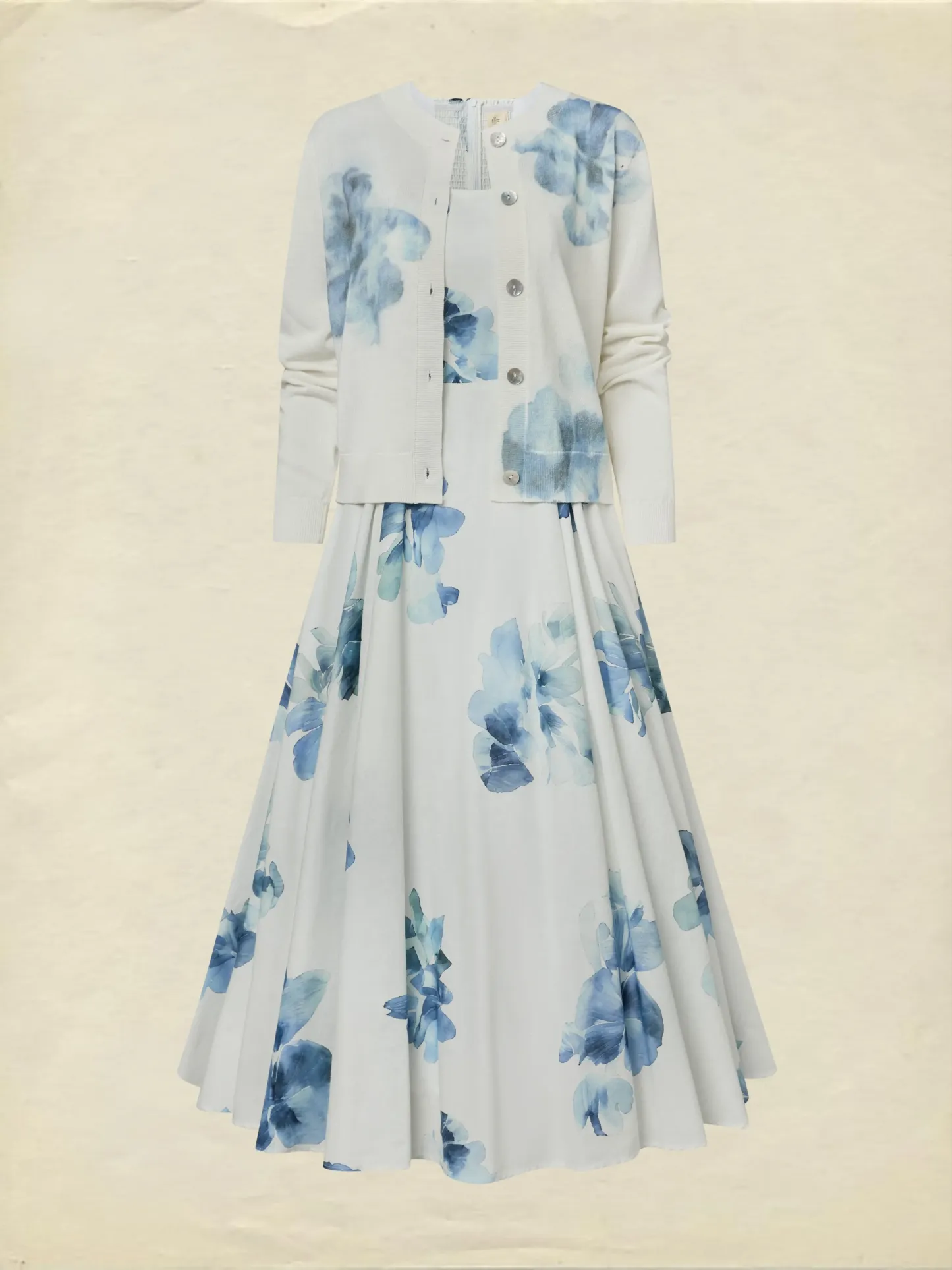 Maxi Cotton Dress, Sleeveless, Square Neck, Floral, Pocket Design, Vacation, Vintage, White - White