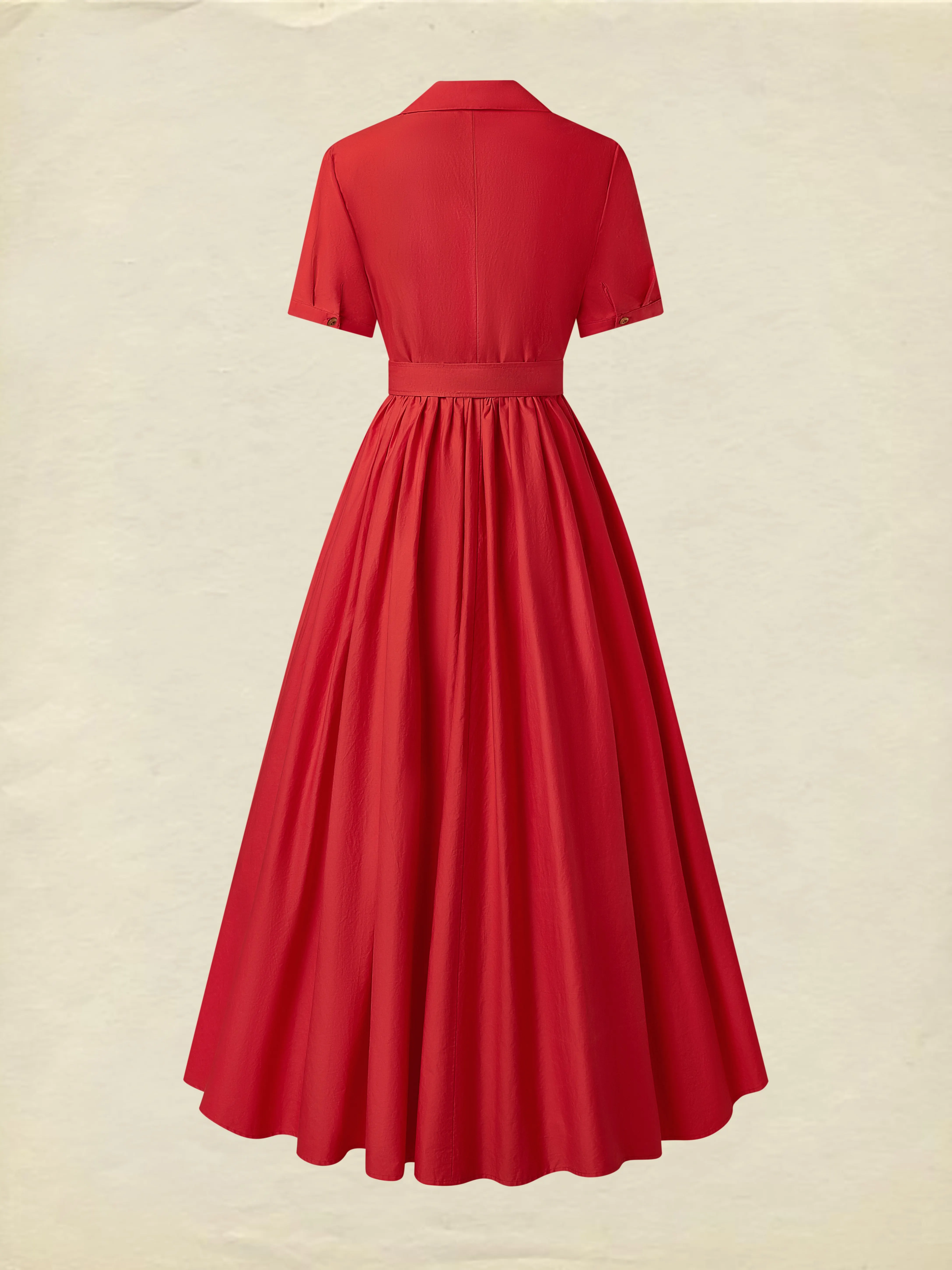 Cotton Maxi Dress, Plain, Pocket Stitching, Shawl Collar, Linen Blended, Belt, Vintage, Short Sleeves, Red - Wine Red